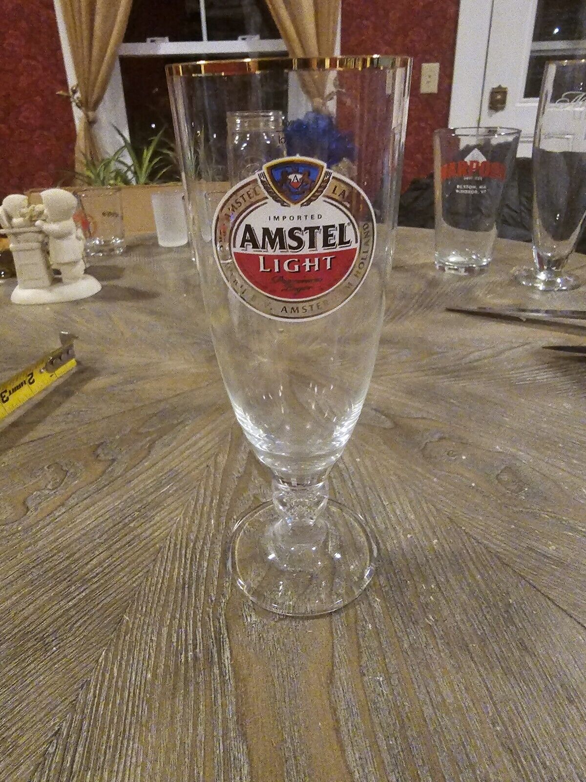  Amstel Light Beer Glass- With Gold Band Chalice and Detailed Stem
