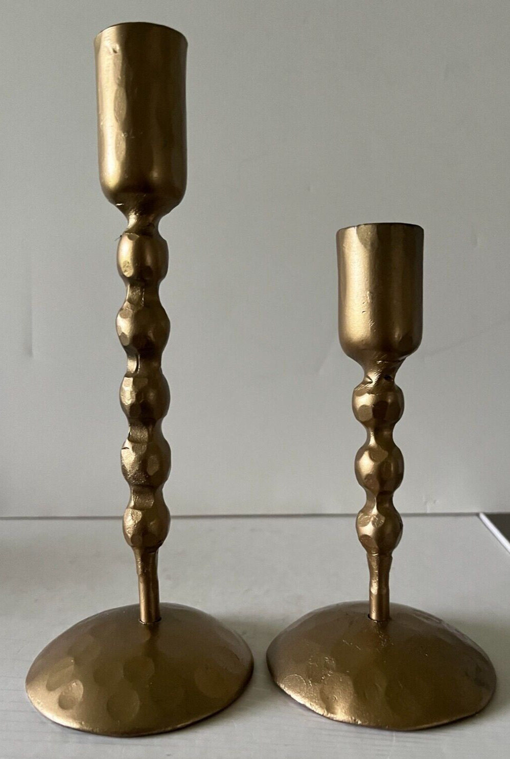 Two Heavy Hand-Forged Beaded Iron Tapered Candle Holders Brass Finish 7\