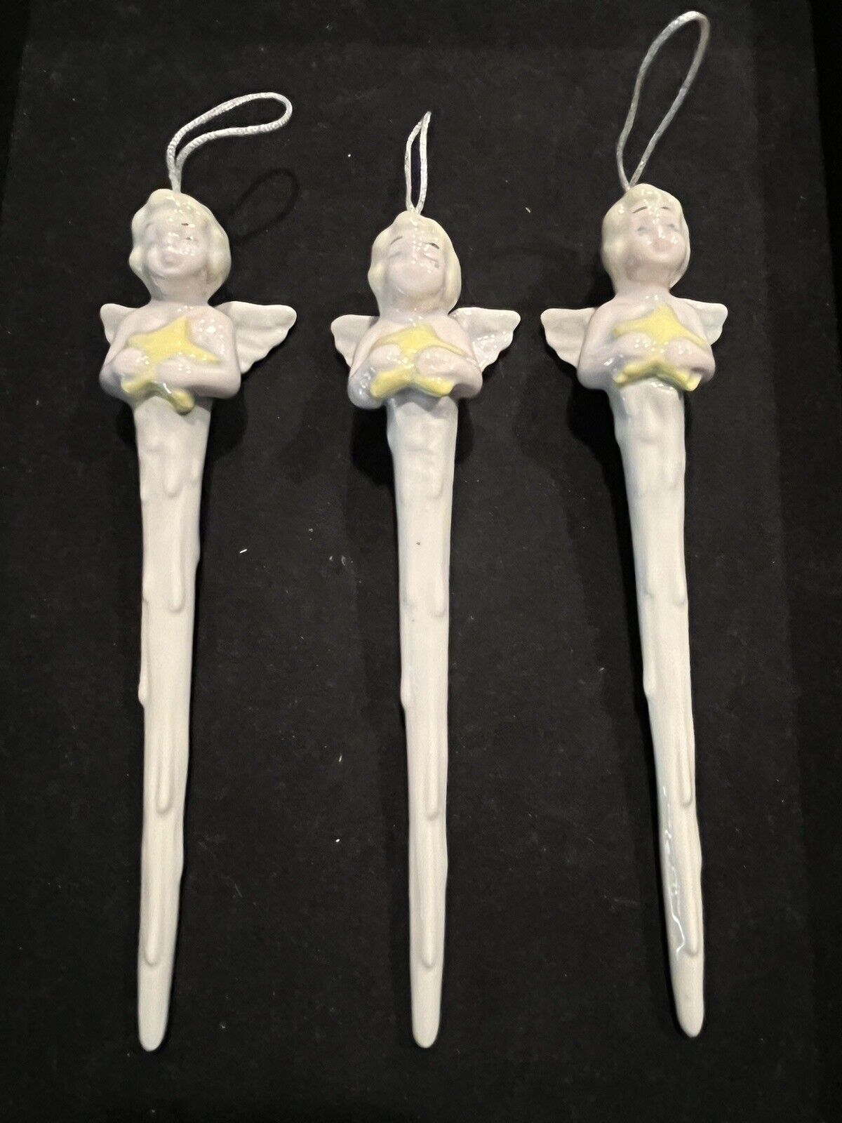 Vintage Porcelain Angel Icicle Ornaments (3) Holding Stars Signed WUM 8”tall