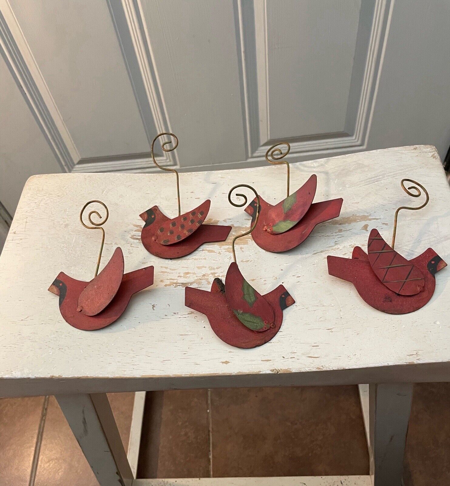 Red Metal Cardinal Vintage Christmas Ornament Set of 5