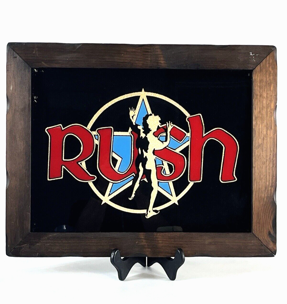 1980s Rush Carnival Prize Mirror 19x15  Vintage Starman Wood Frame Black Glass