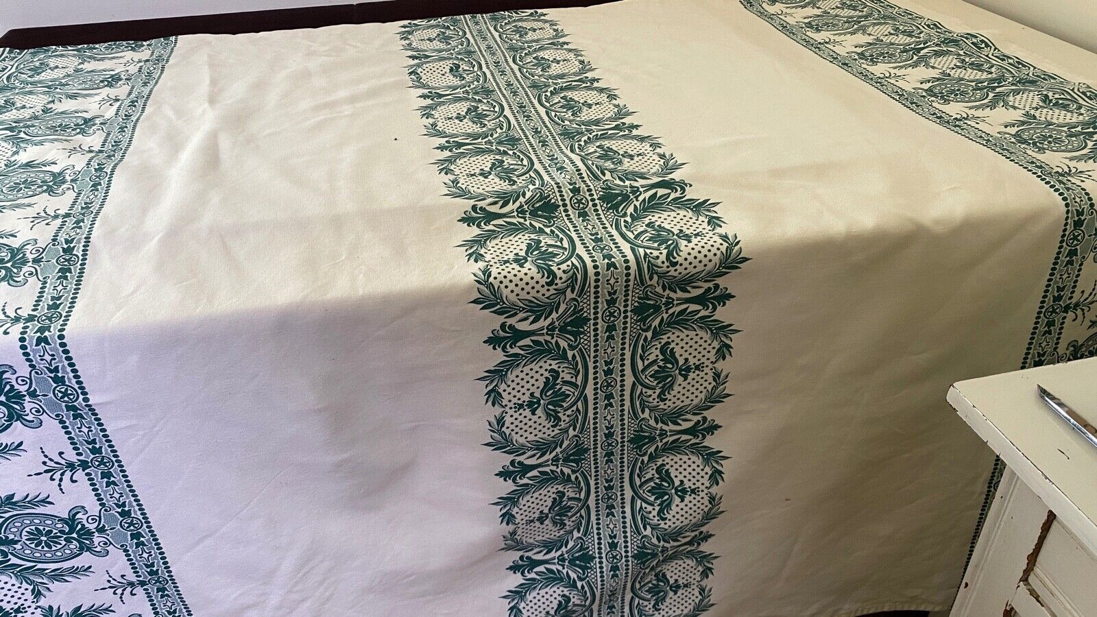 Vintage Belgian Green & White Banquet Tablecloth  XX074
