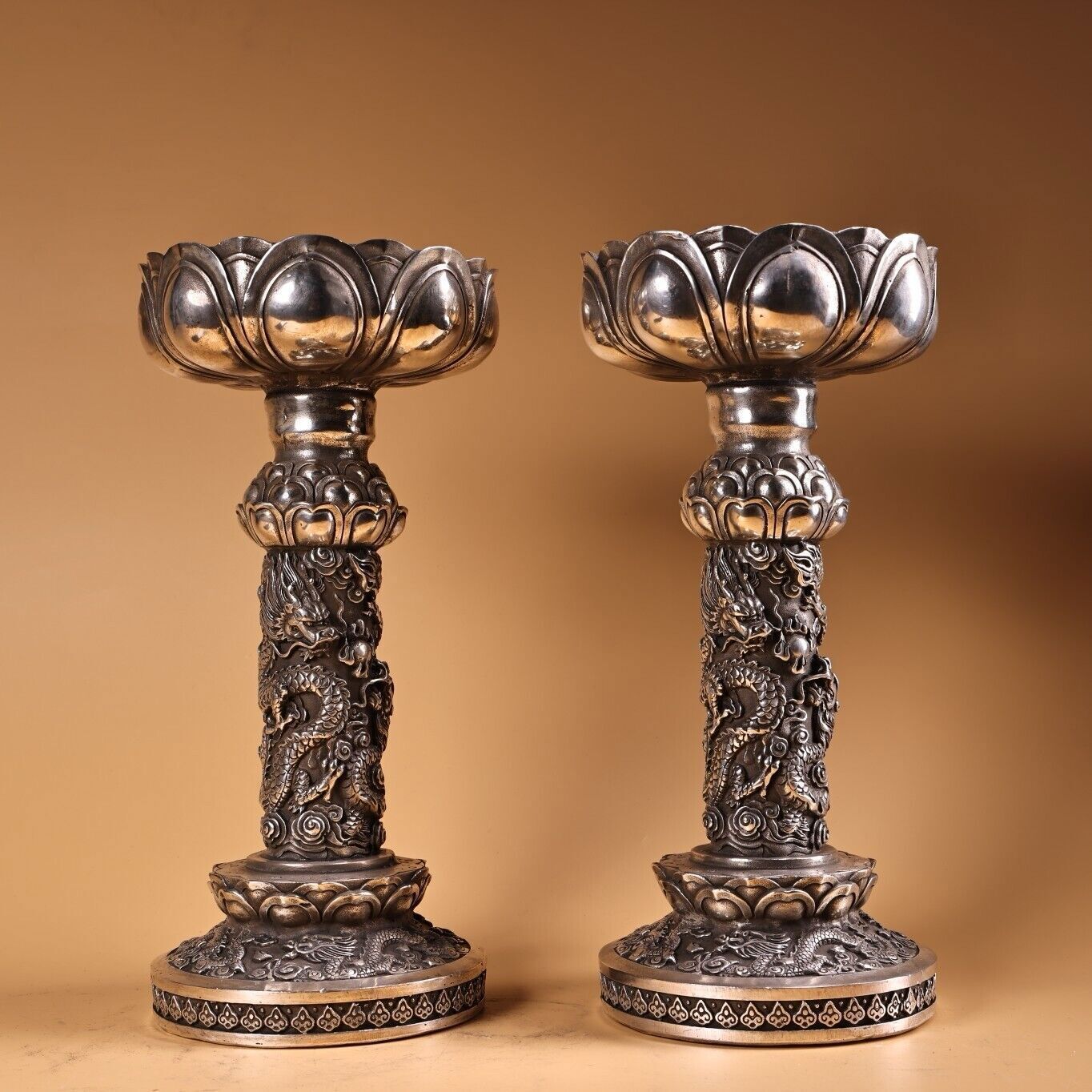 bronze silver plating engraving fortune wealth dragon lotus a pair candle stick