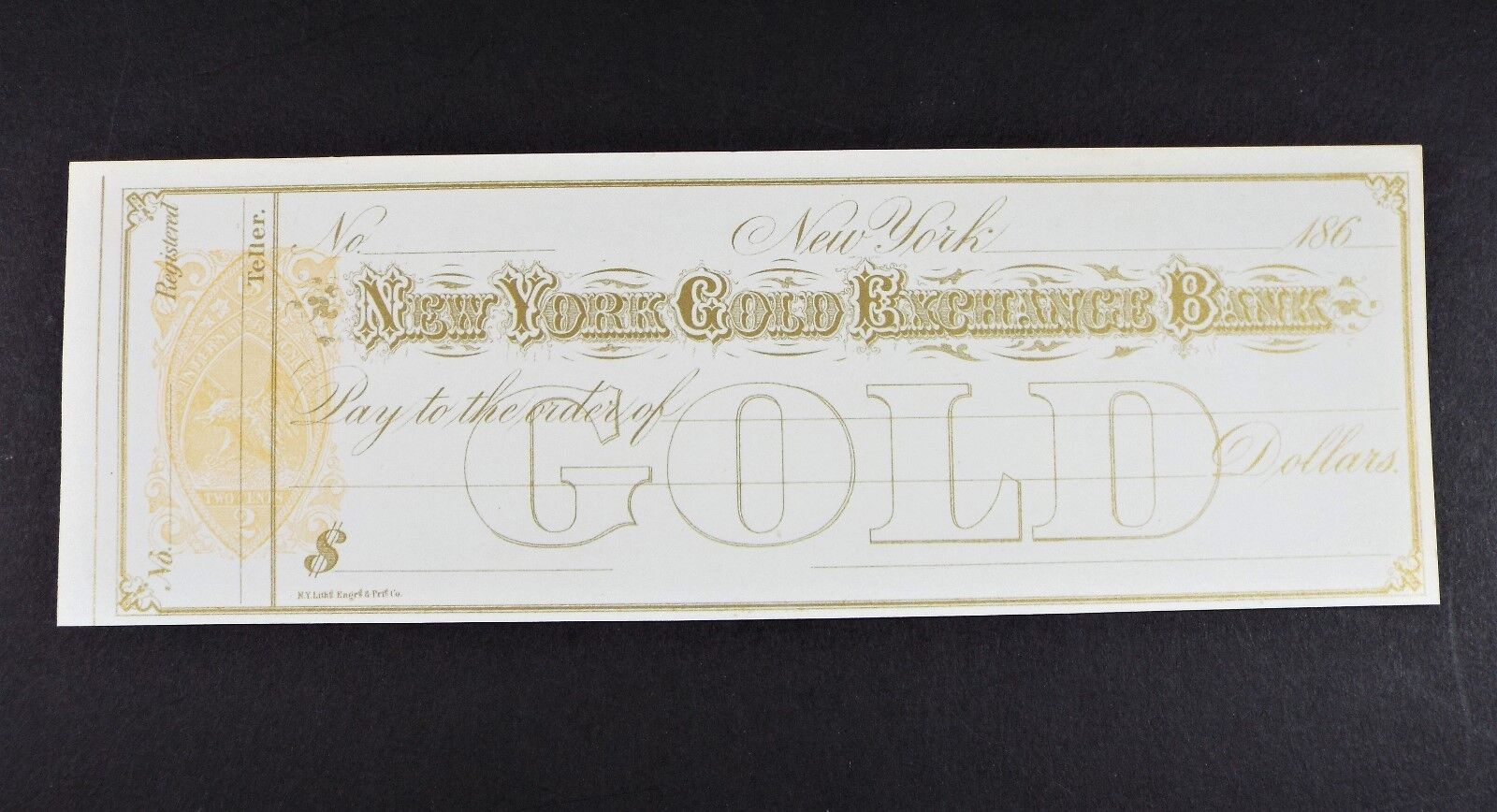 1860s New York Gold Exchange Bank Unused Check - 2 Cent Internal Revenue Stamp