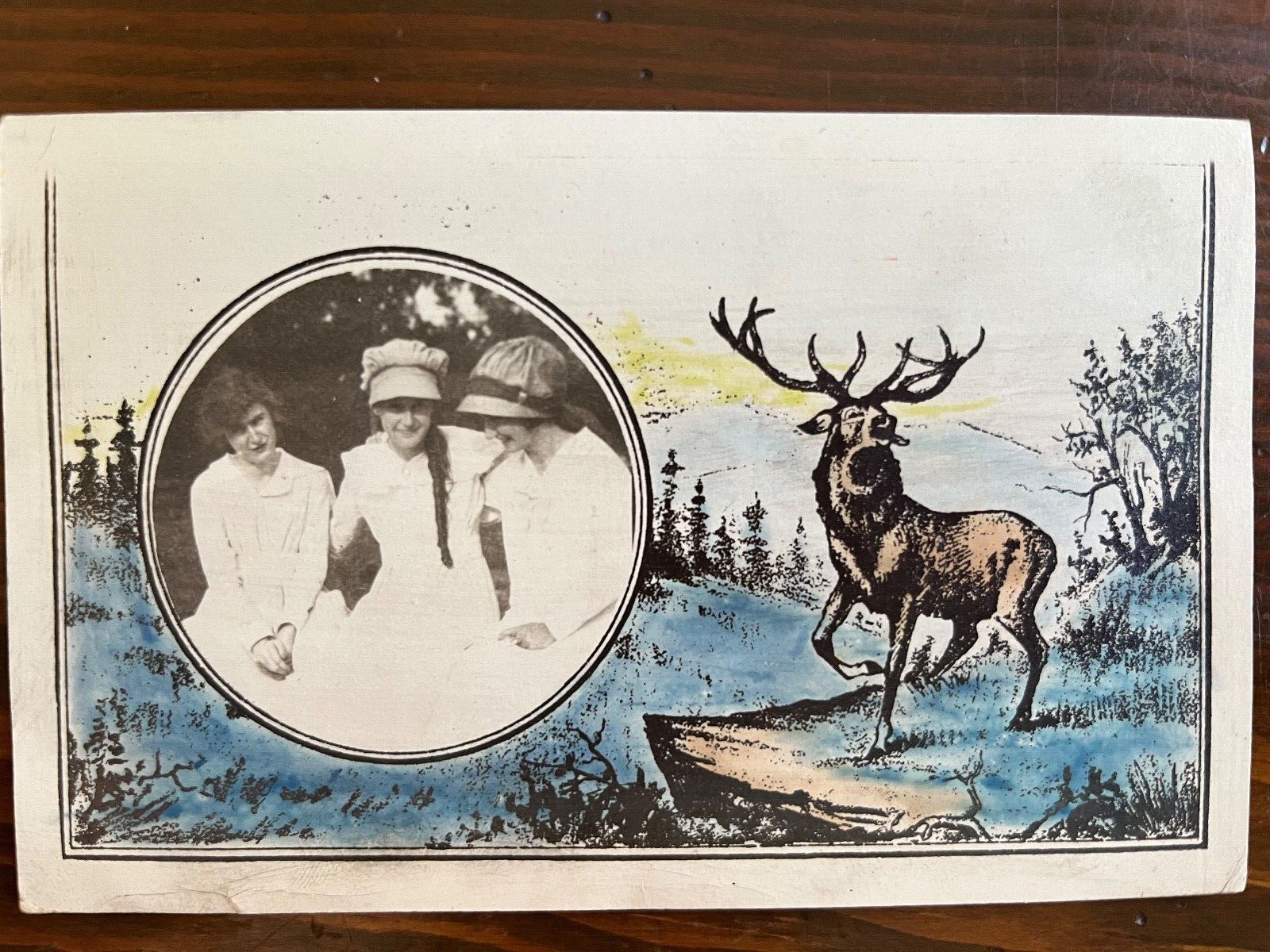 Antique RPPC Three Women Inset into Forest Scene with Elk Photo Postcard
