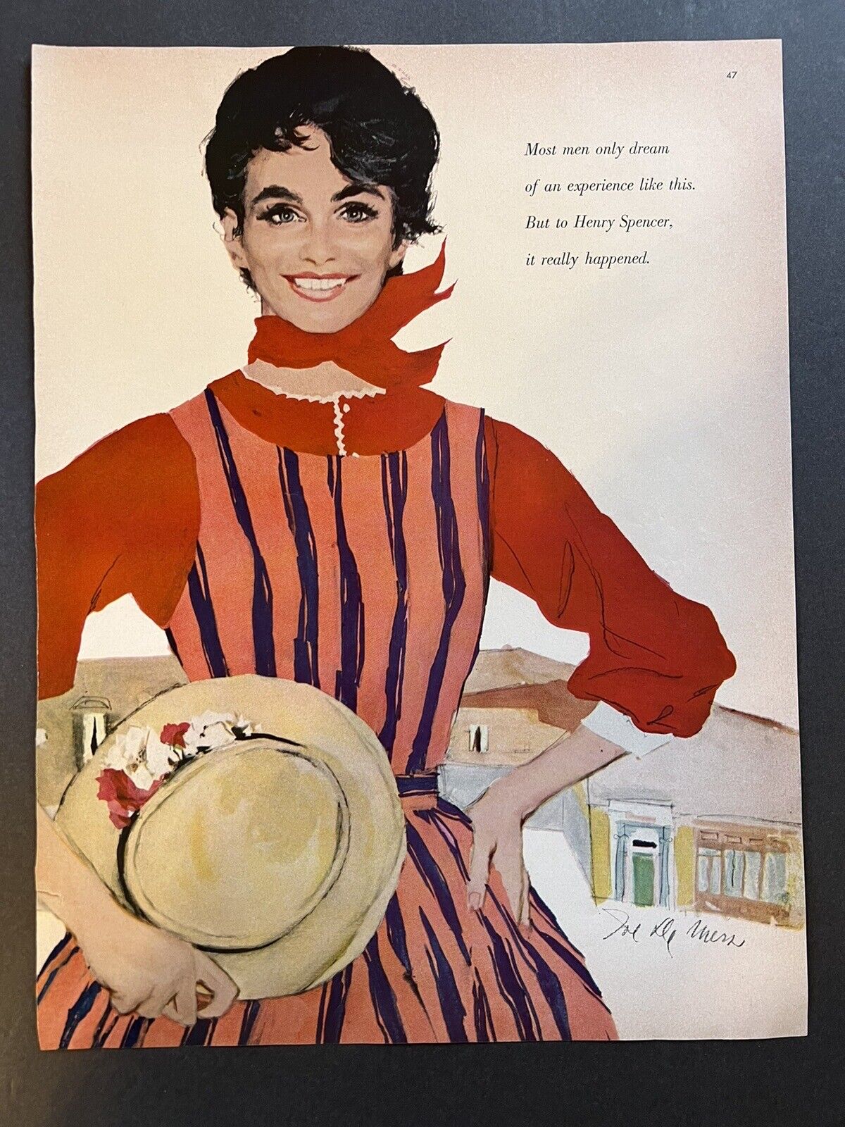 Vtg 1961 Print Magazine Artwork, Woman with Red Scarf Holding Hat