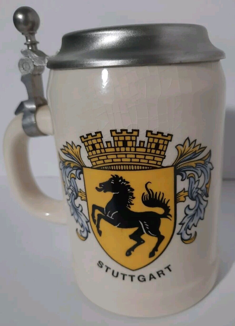 Authentic Collectible German Lidded Beer Stein German City Stuttgart USEC Arms