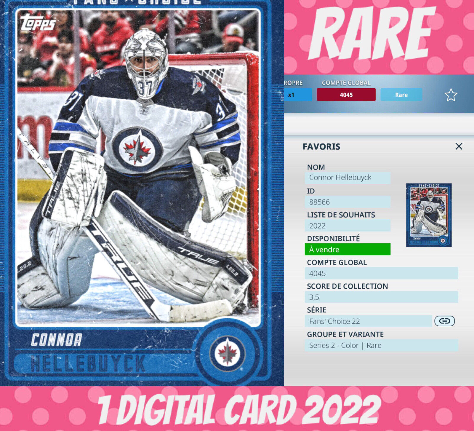 Topps NHL Skateboard Rare Connor Hellebuyck Editor\'s Choice Color 2022 Digital