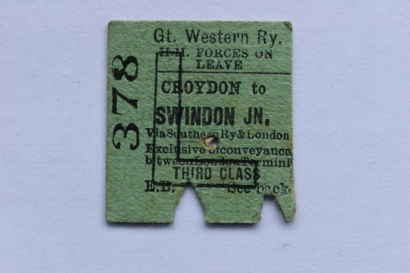 GWR Great Western Railway Ticket No 378 CROYDON to SWINDON JUNCTION 13 APR 1943