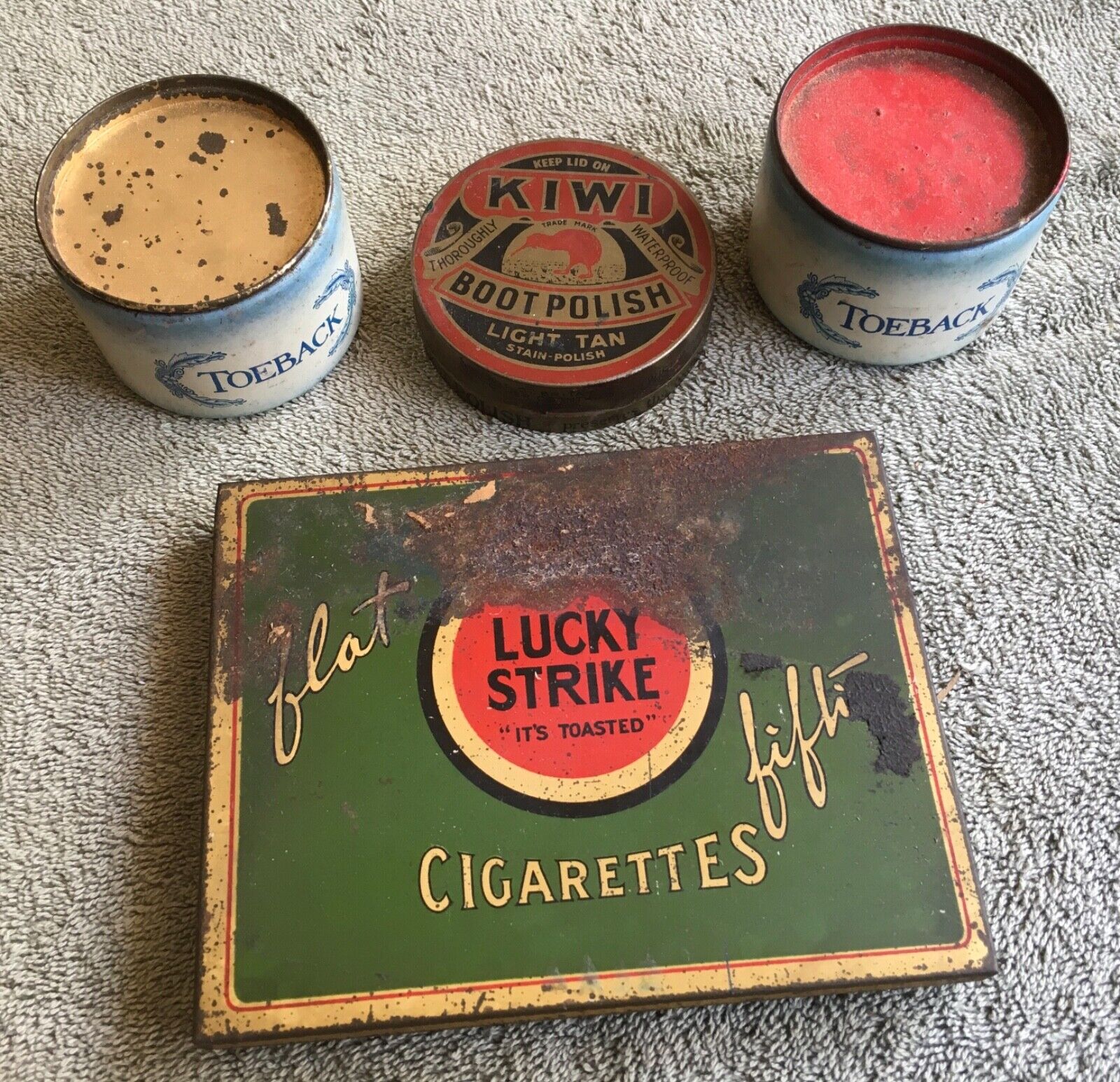 Vintage Kiwi Boot Polish, Lucky Strike and Toeback Tins
