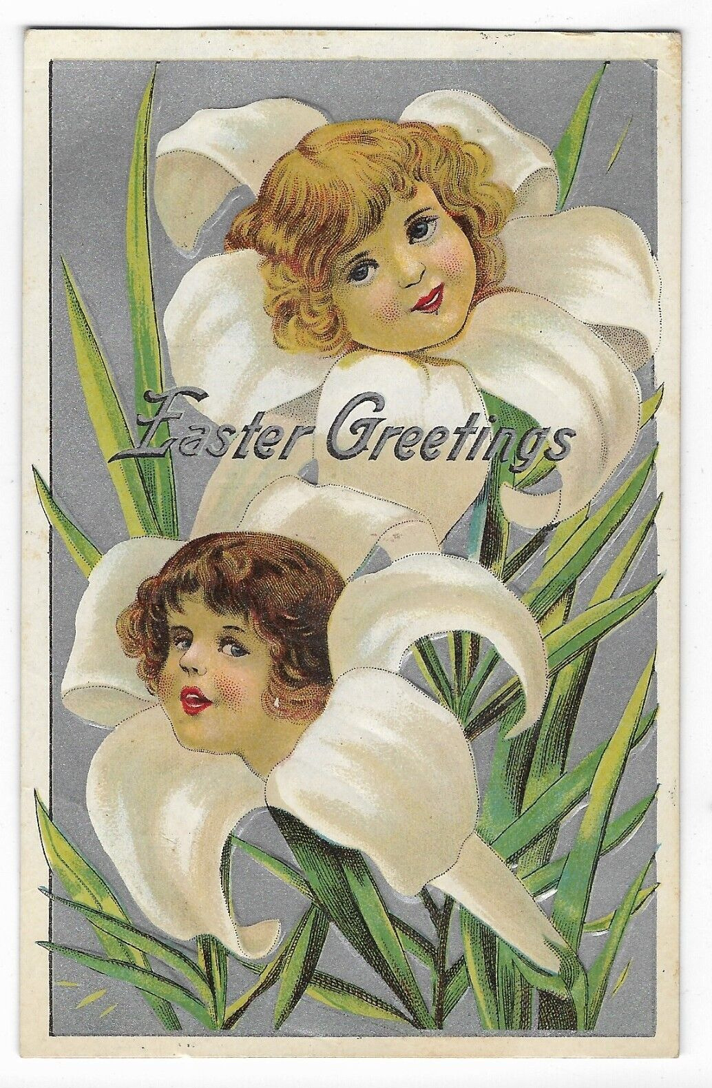 Antique Art Nouveau Easter postcard 1909s Children head in Flower White lily