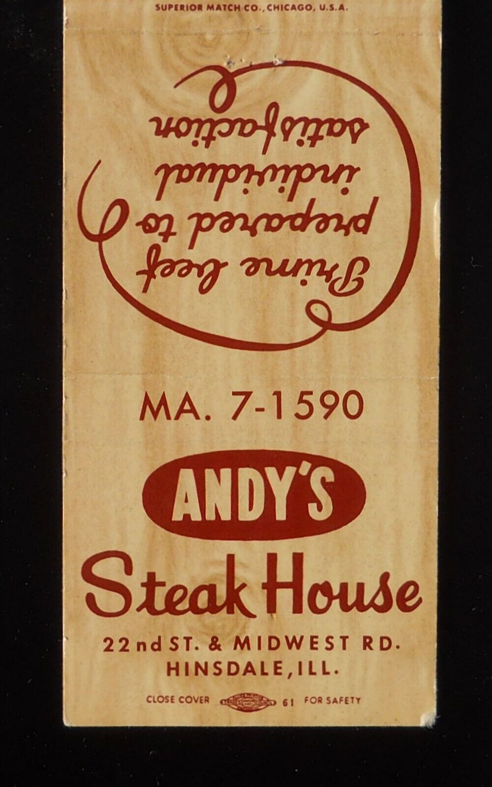 1960s Andy\'s Steak House 22nd St. & Midwest Rd. Hinsdale IL Du Page Co Matchbook