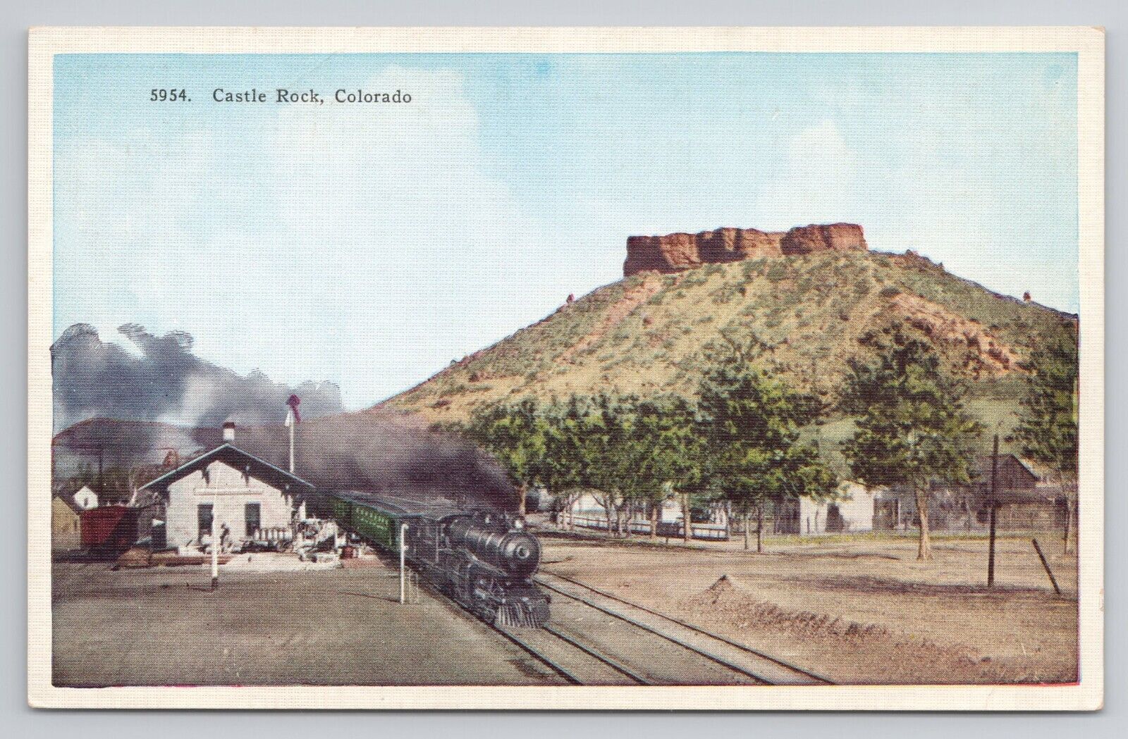 Railroad Train Station Depot Castle Rock Colorado small town Mountain Postcard
