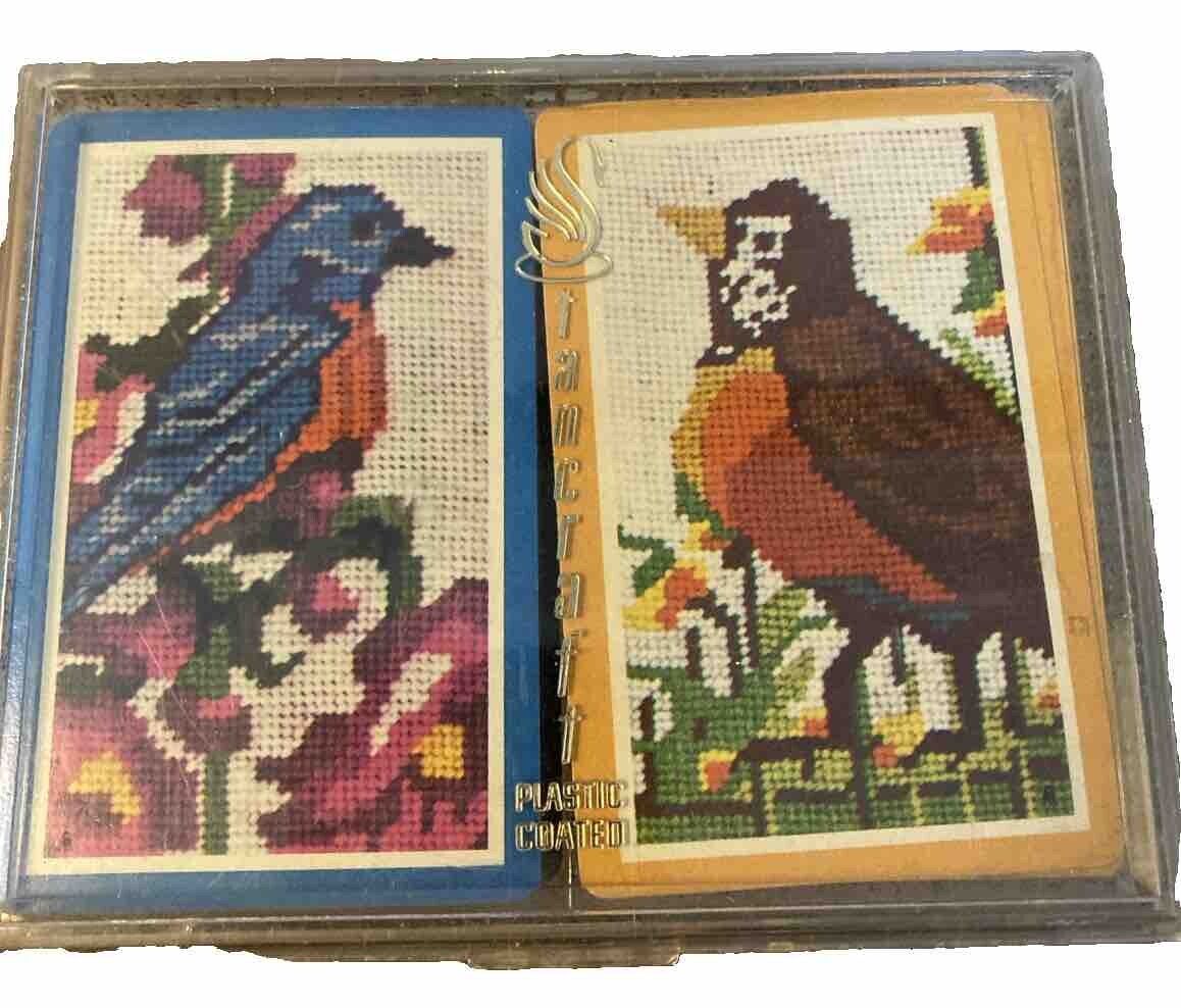 Vintage Japanese Playing Cards Bird Art Tancraft Plastic Coated In Case 2 Decks