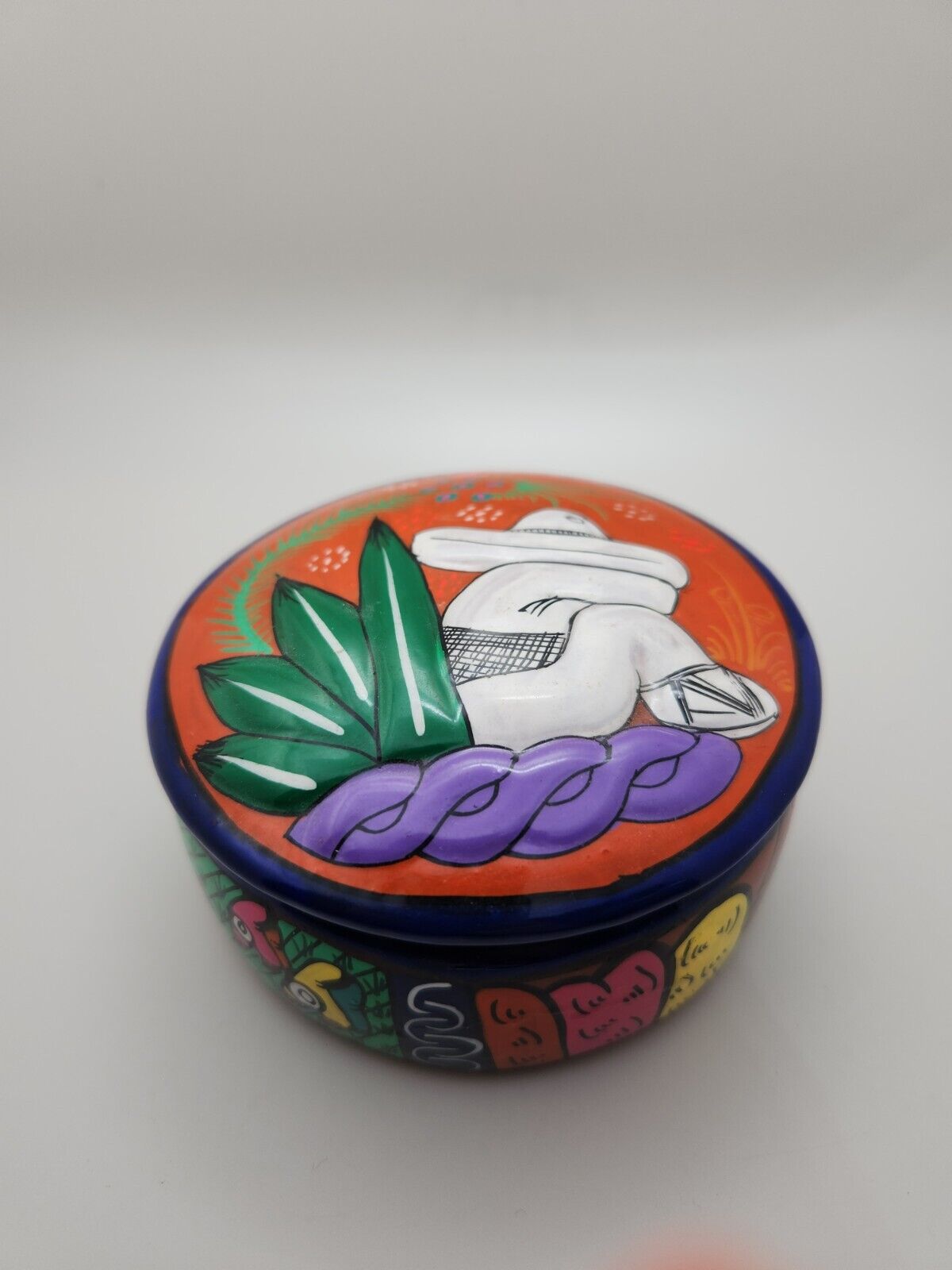 Vintage Handmade Mexico Pottery Siesta Sombrero Man Round Trinket Box