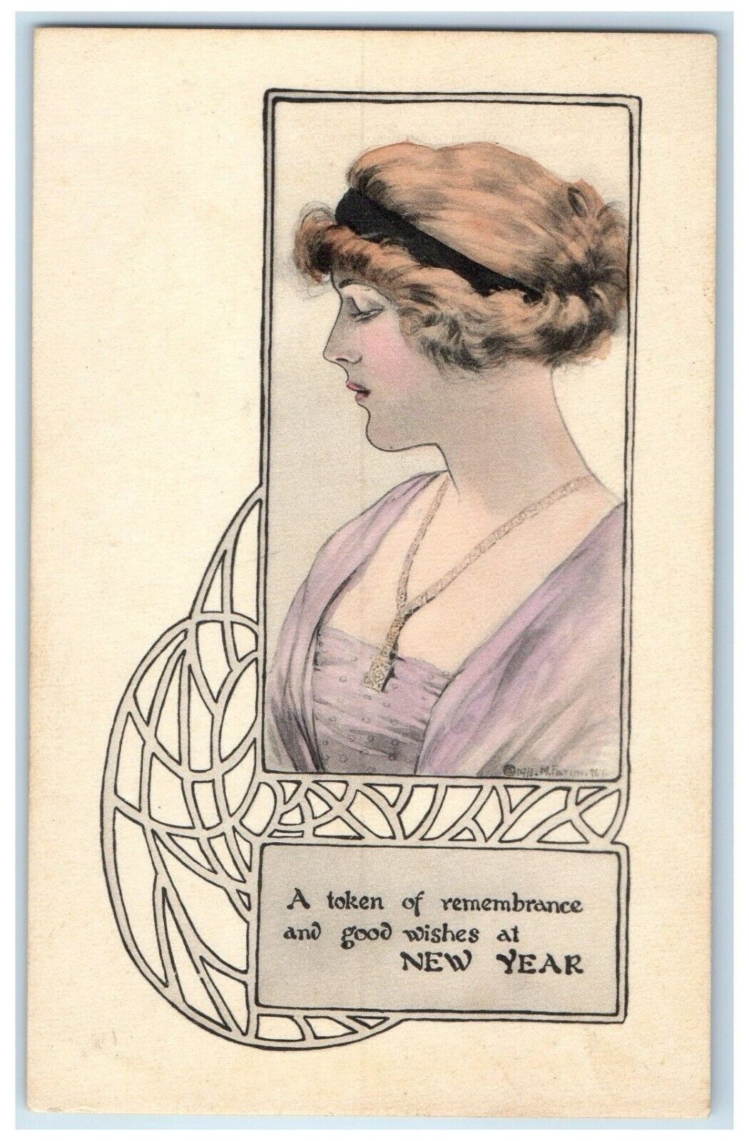 c1910\'s New Year Victorian Pretty Woman Brown Hair Unposted Antique Postcard