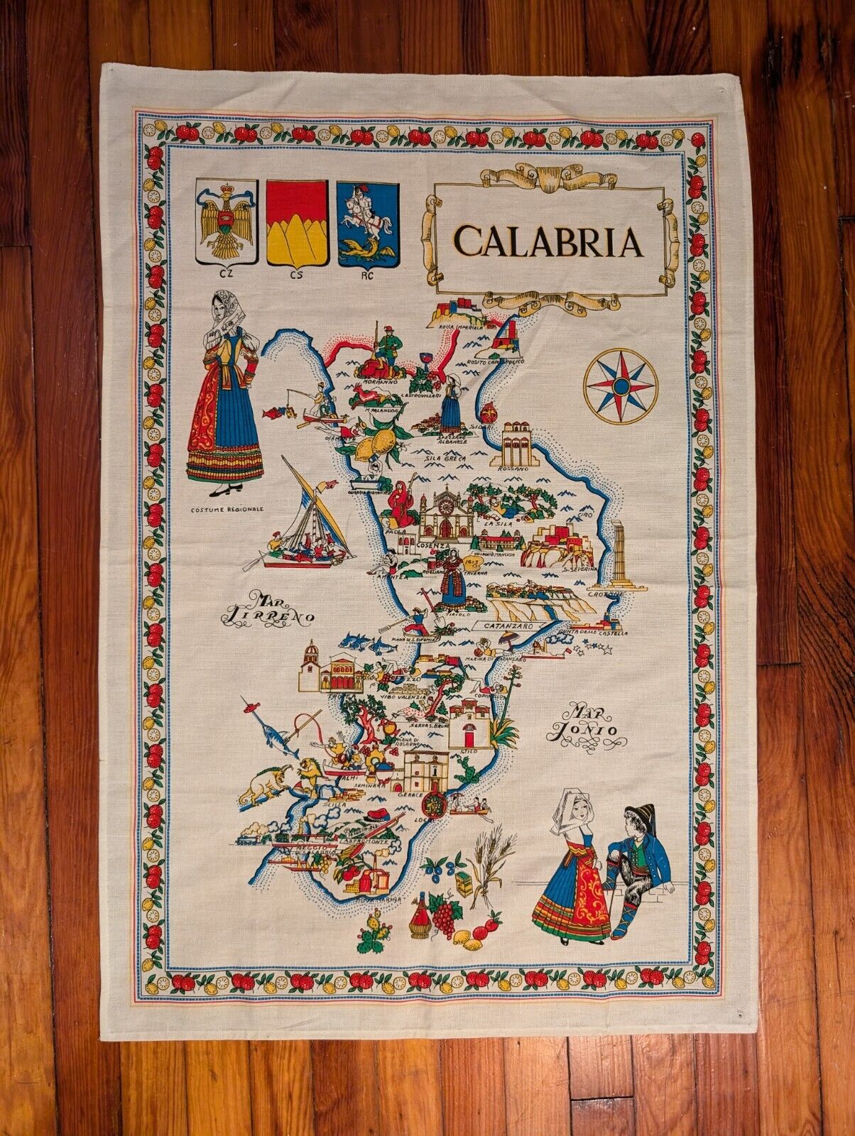 Vintage Map Of Calabria, Italy Souvenir Art Tea Towel Cotton Screen Print 23x34