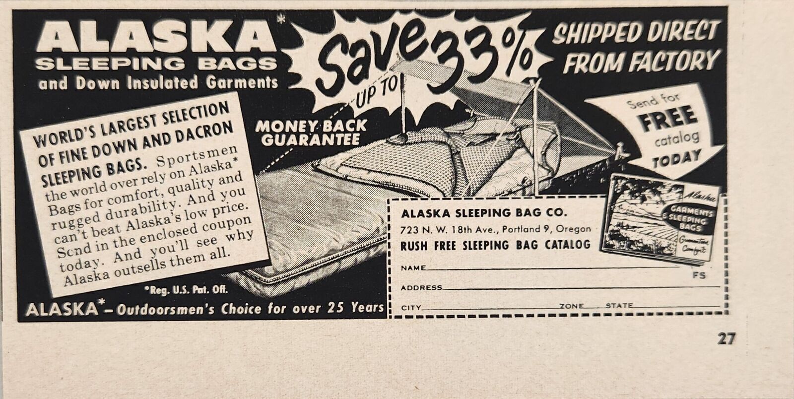 1958 Print Ad Alaska Sleeping Bags & Down Insulated Garments Portland,Oregon