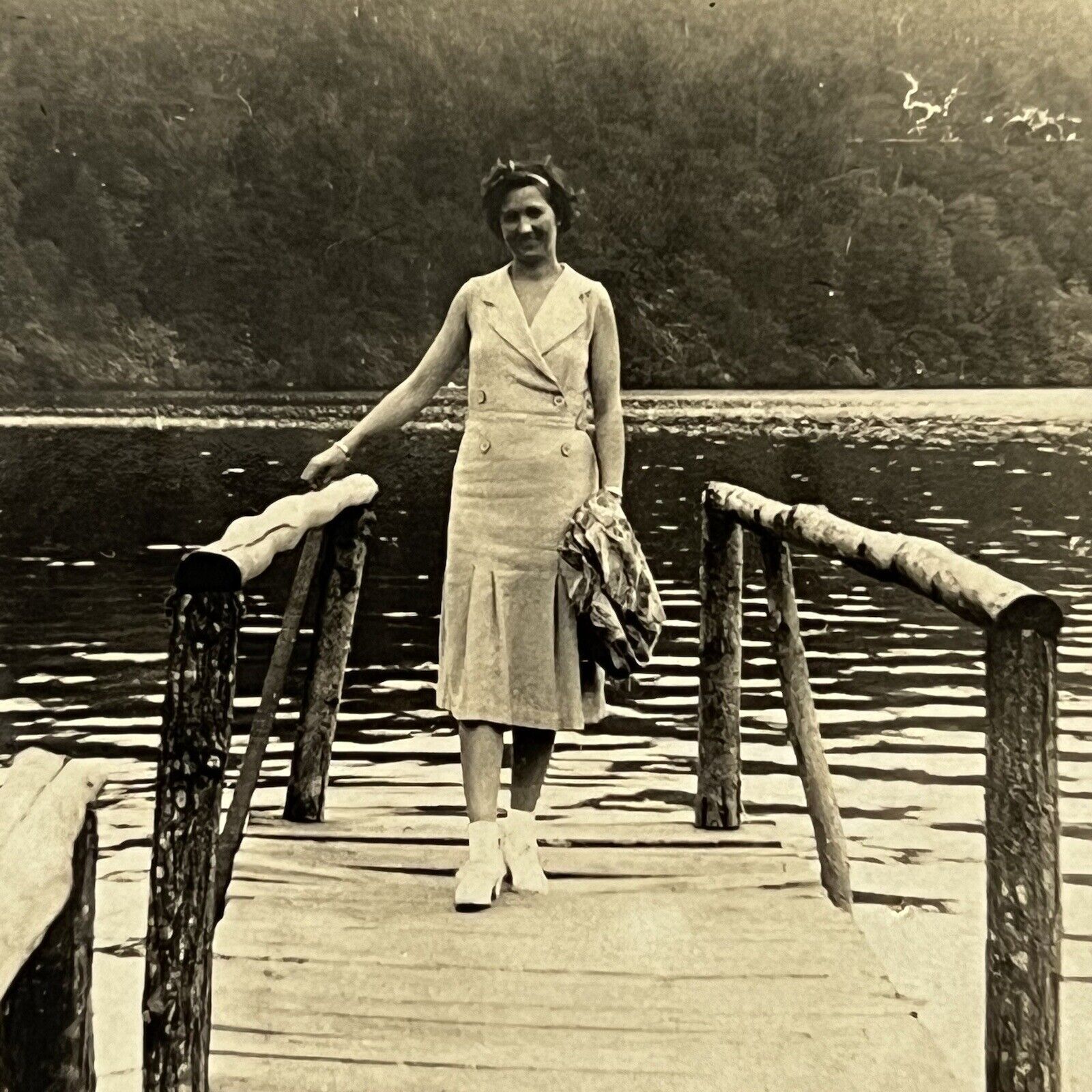 Vintage Snapshot Photograph Beautiful Young Woman Standing On Lake Dock