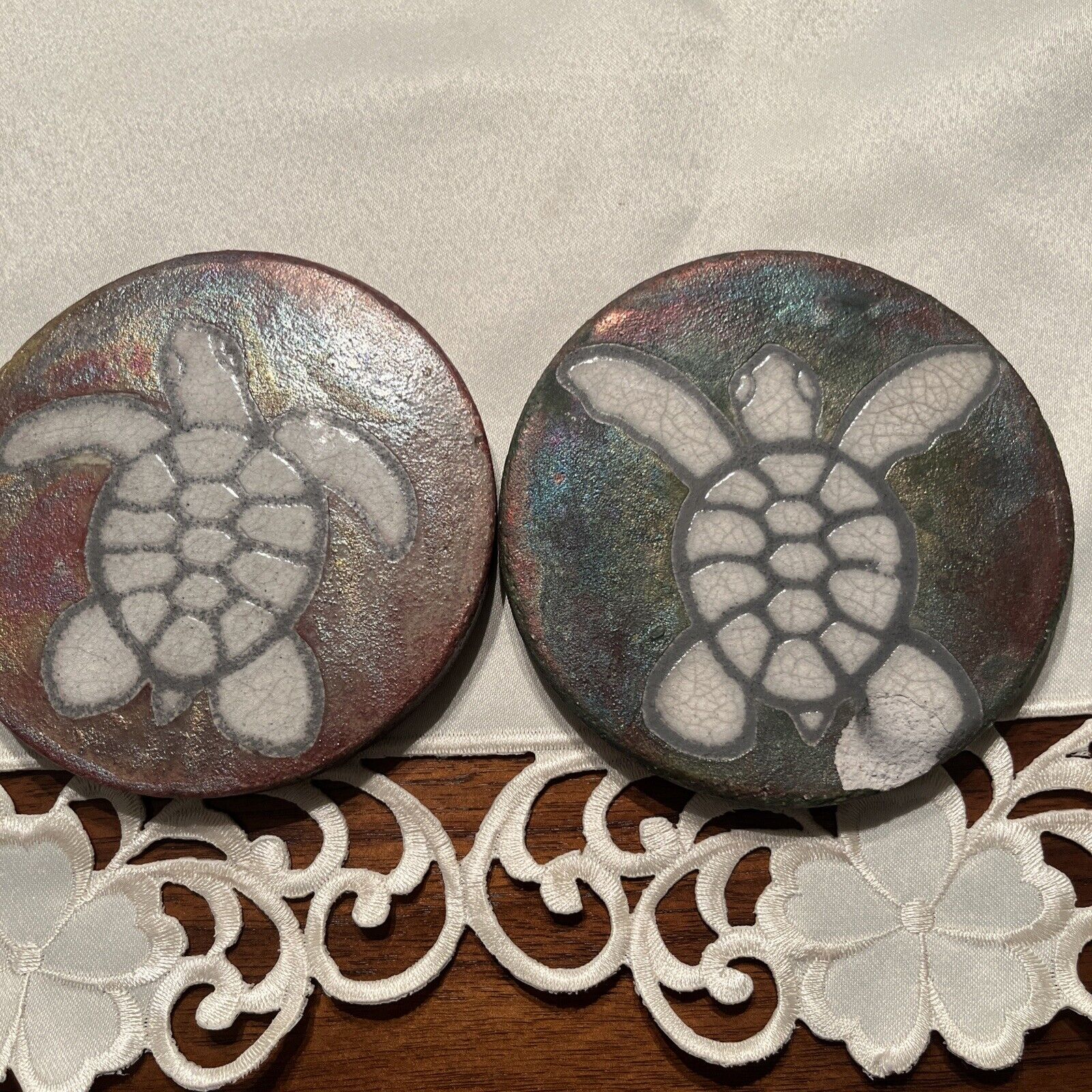Christopher Matti Raku Pottery Turtle Trivet Two Coasters