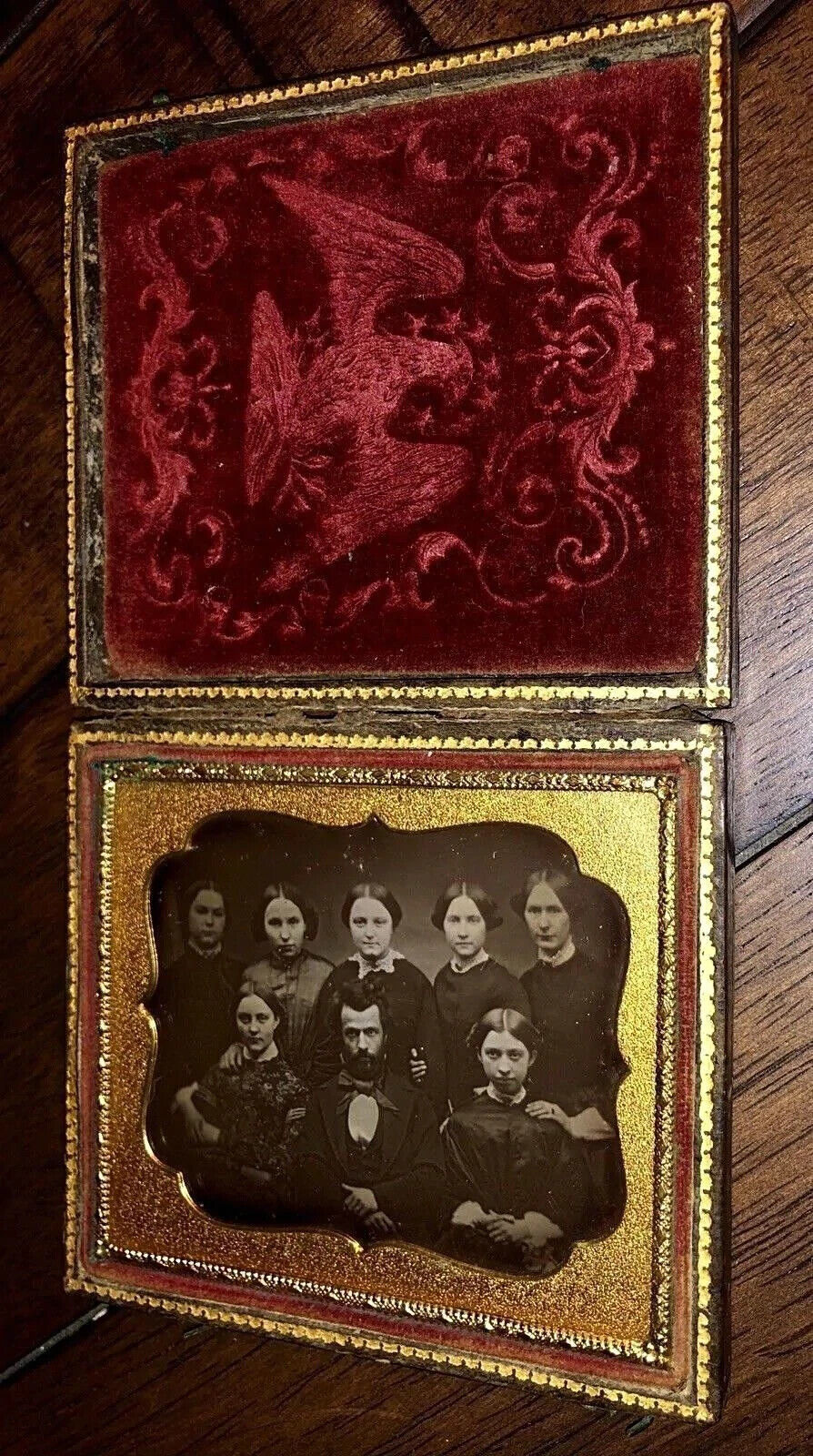 Eagle Case, Daguerreotype Photo Man & 7 Women - Mormon? Antique 1850s Rare 1800s