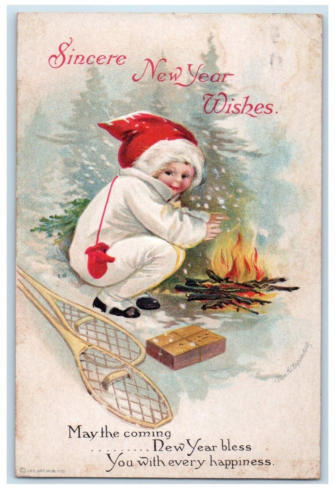New Year Child Fire Burning Snow Shoes Ellen Clapsaddle Artist Signed Postcard