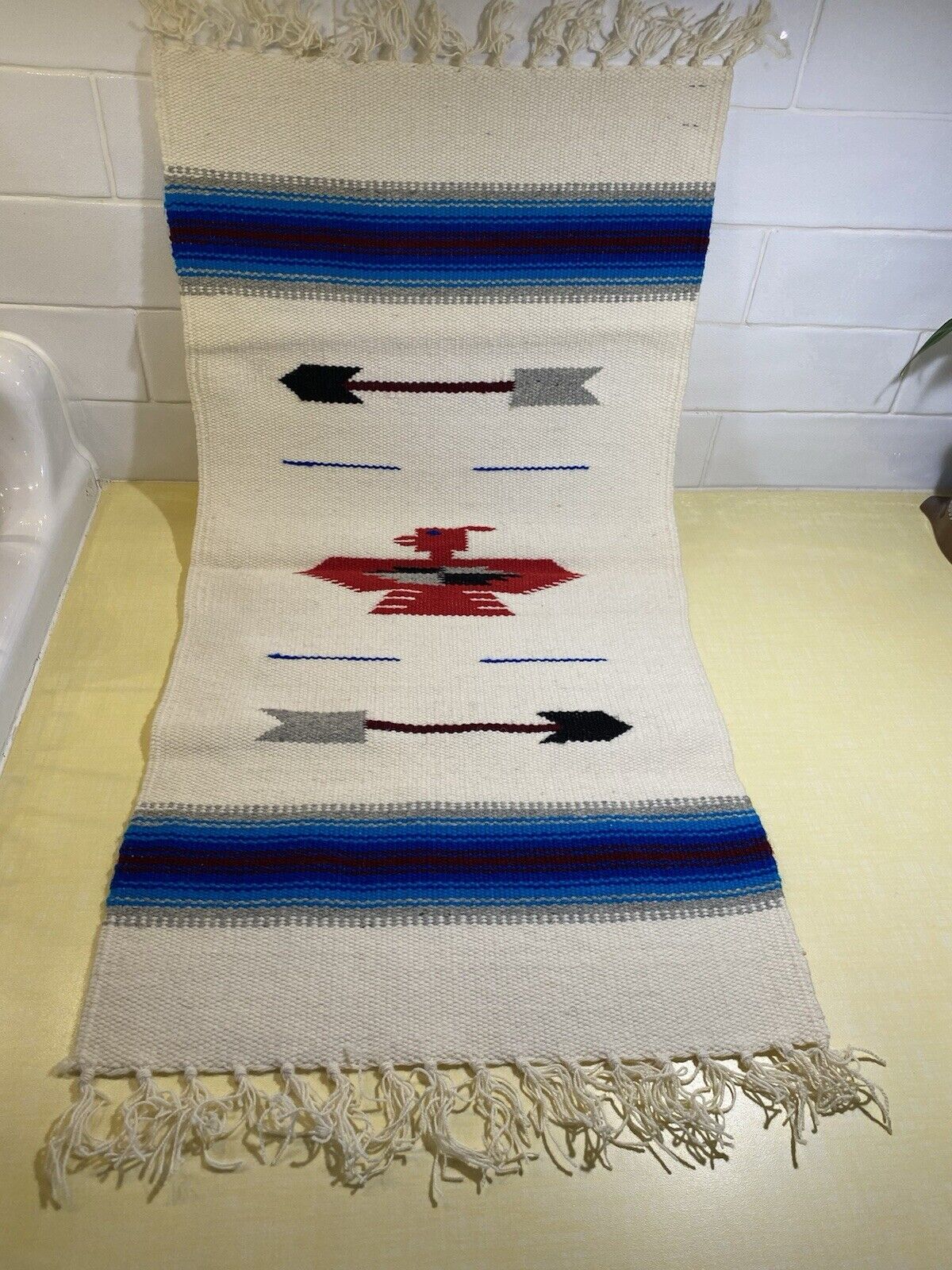 Vintage Chimayo Aztec Hand Woven WoolTable Runner/Tapestry 30x15” Southwest NWT