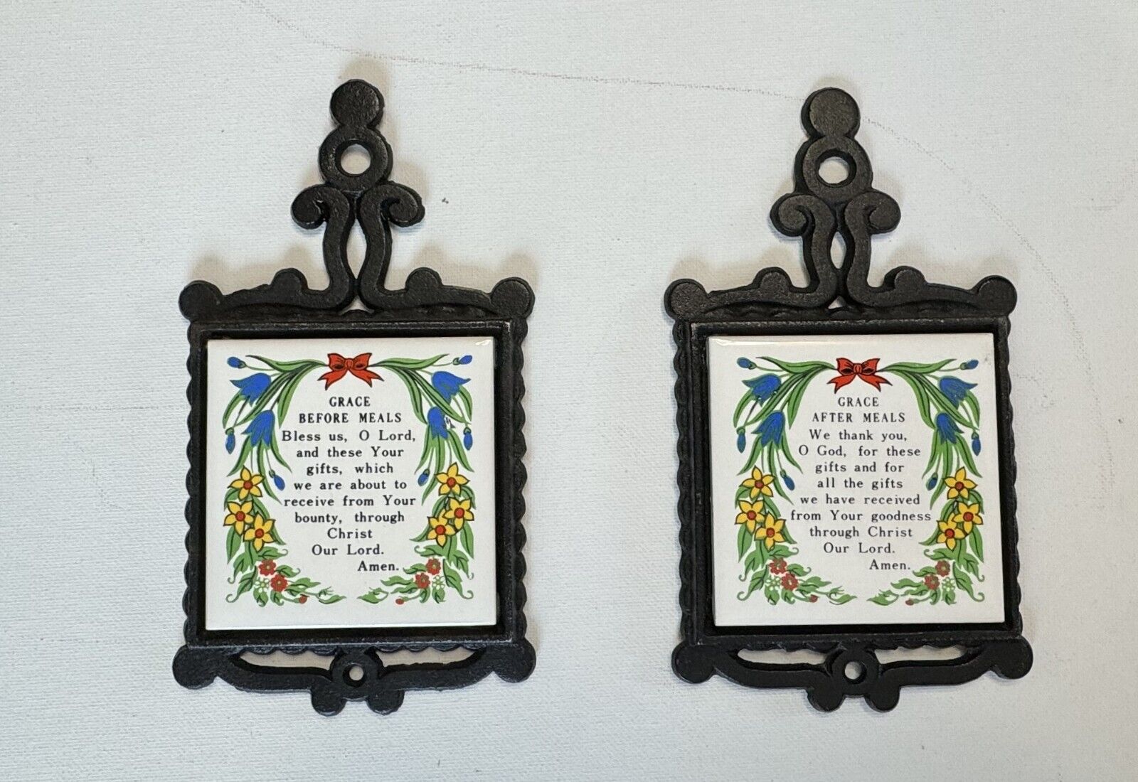 2 Vtg Retro Cast Iron & Tile Trivets Before & After Meal Prayer Wall Decorations