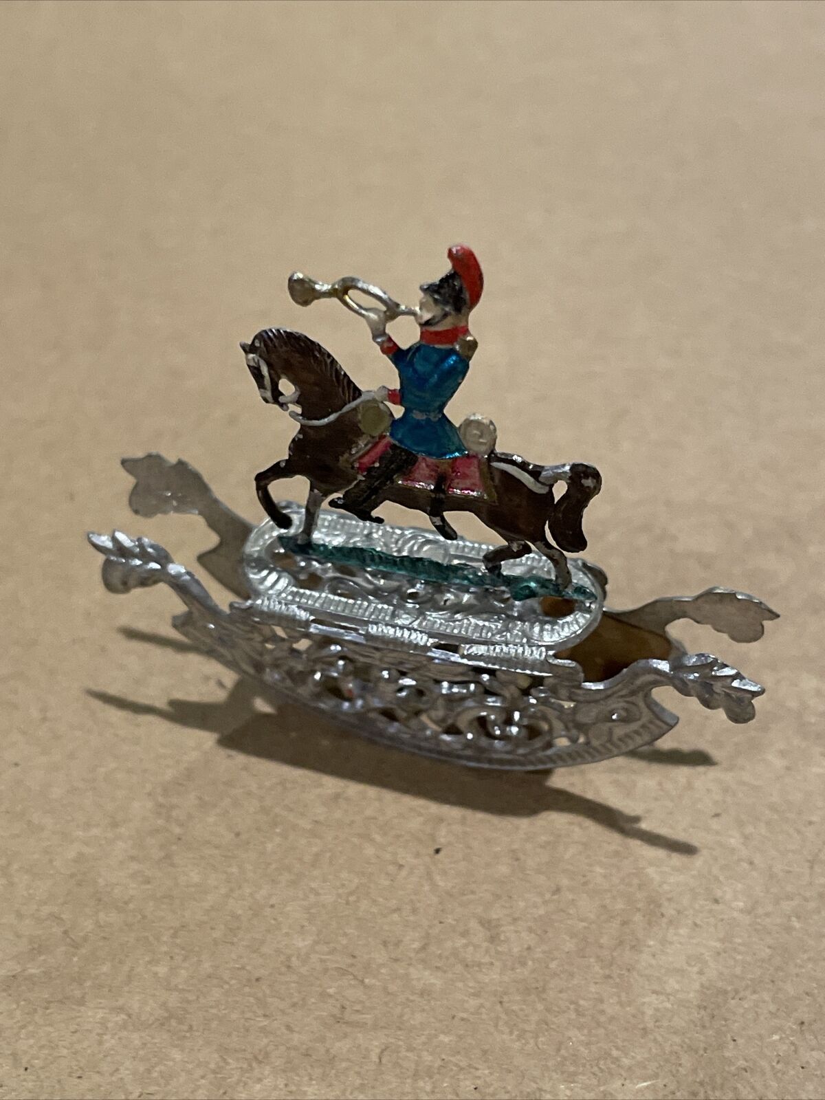 German Pewter Miniature Rocking Horse with Flat Rider Folk Art