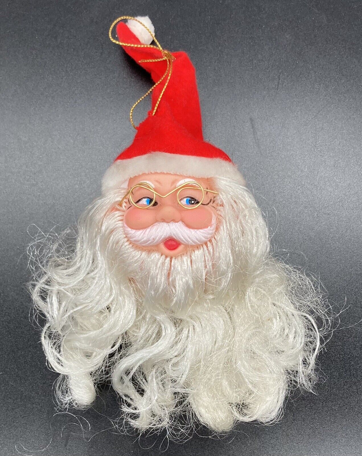 Vintage Santa Claus Doll Head Spectacles Christmas Ornamant Rubber Face Felt Hat