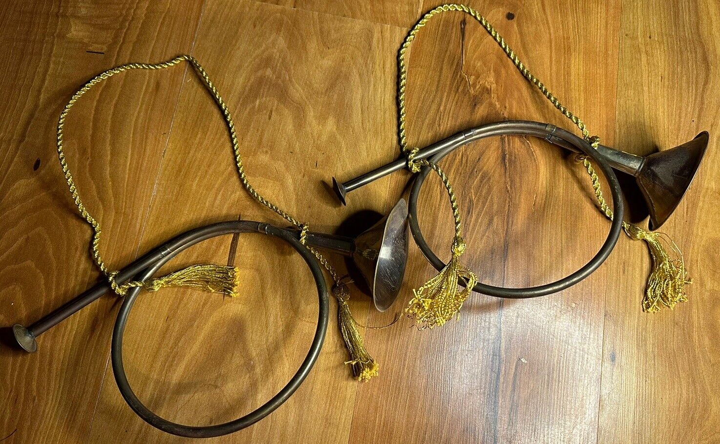 Vintage India Exotic Solid Brass French Horn Christmas Decor Set Of 2