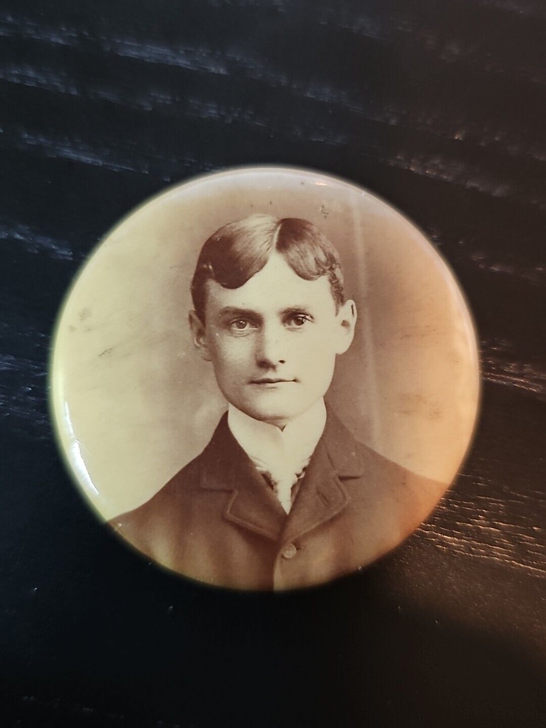 Antique Celluloid Photo Button Pendant 1900s Young Man Mourning Photo