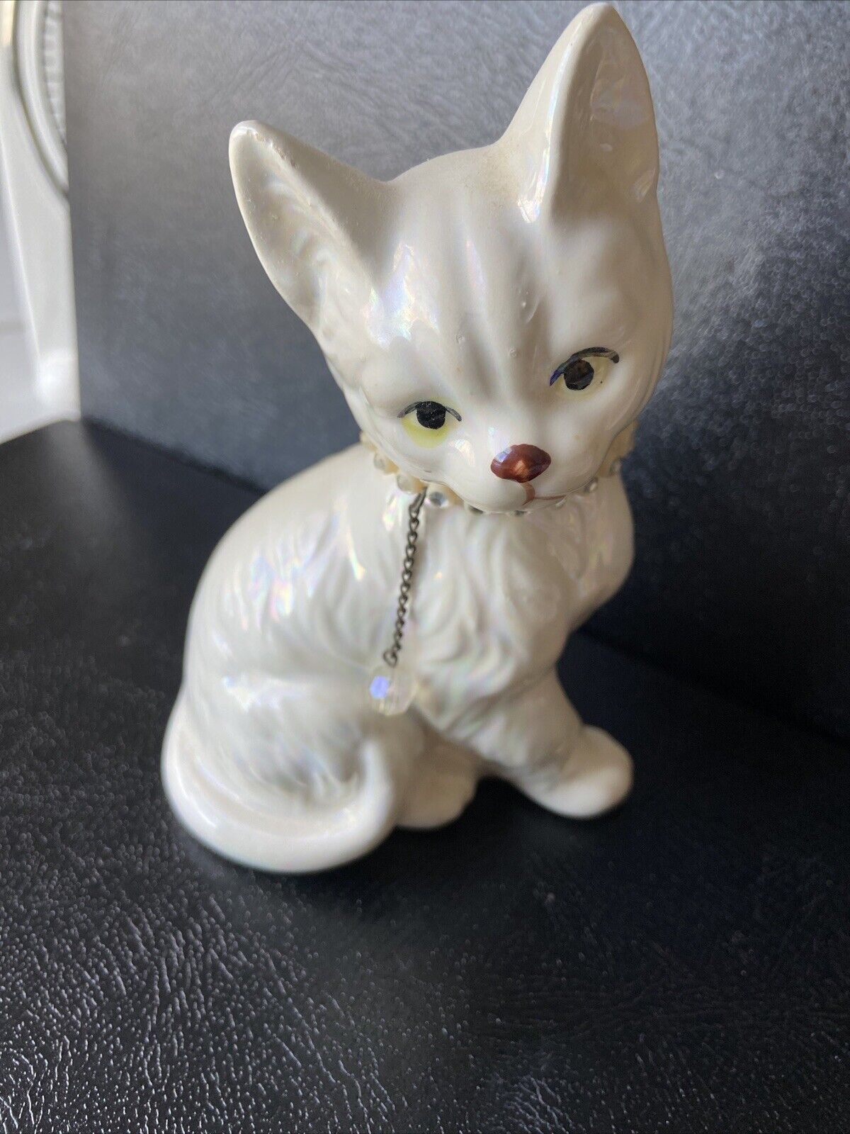 Vintage Enesco Siamese Cat Figurine Iridescent White Kitten  Rhinestone Collar