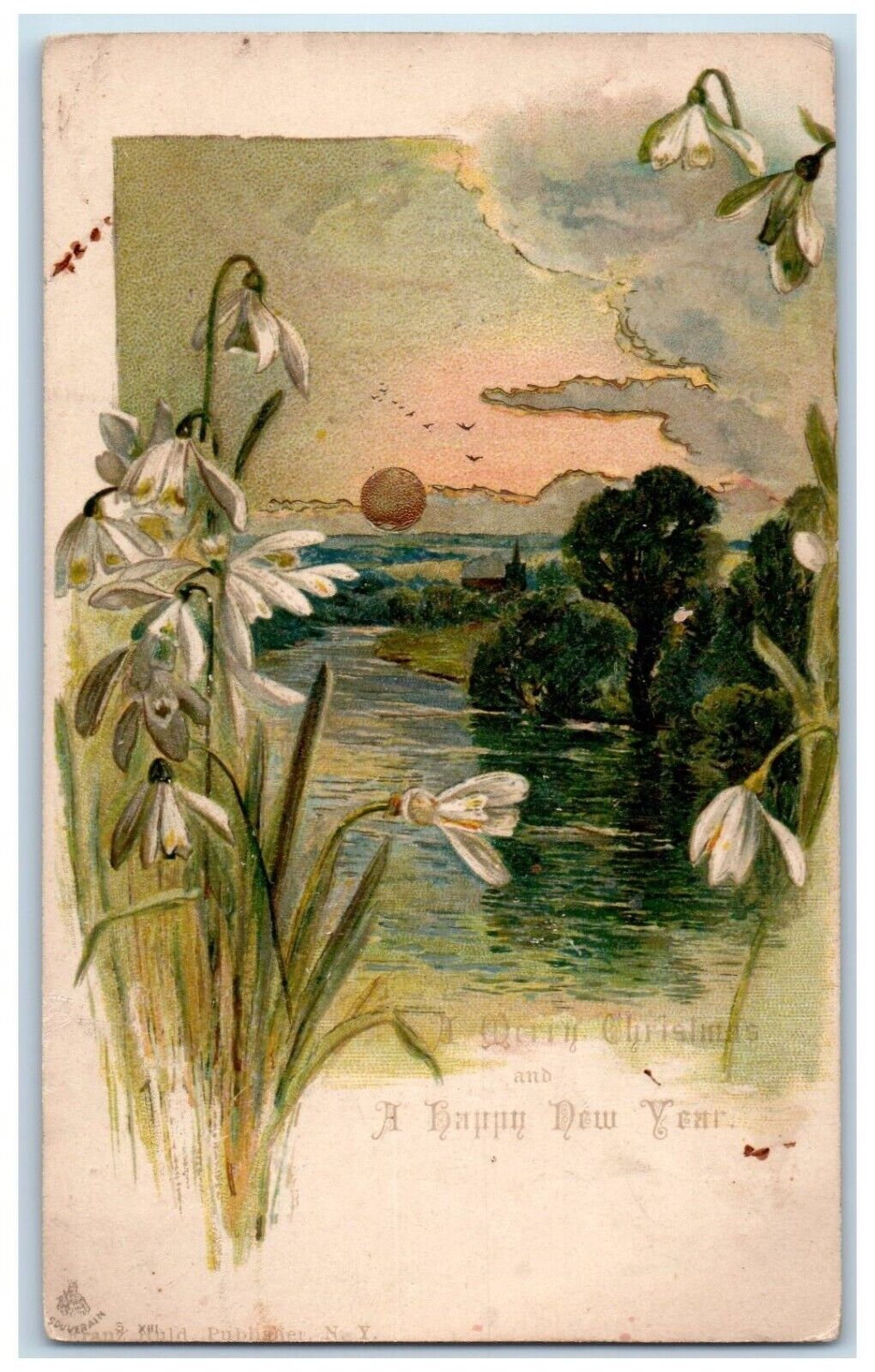 c1900\'s Merry Christmas And Happy New Year White Flowers River Moon Postcard