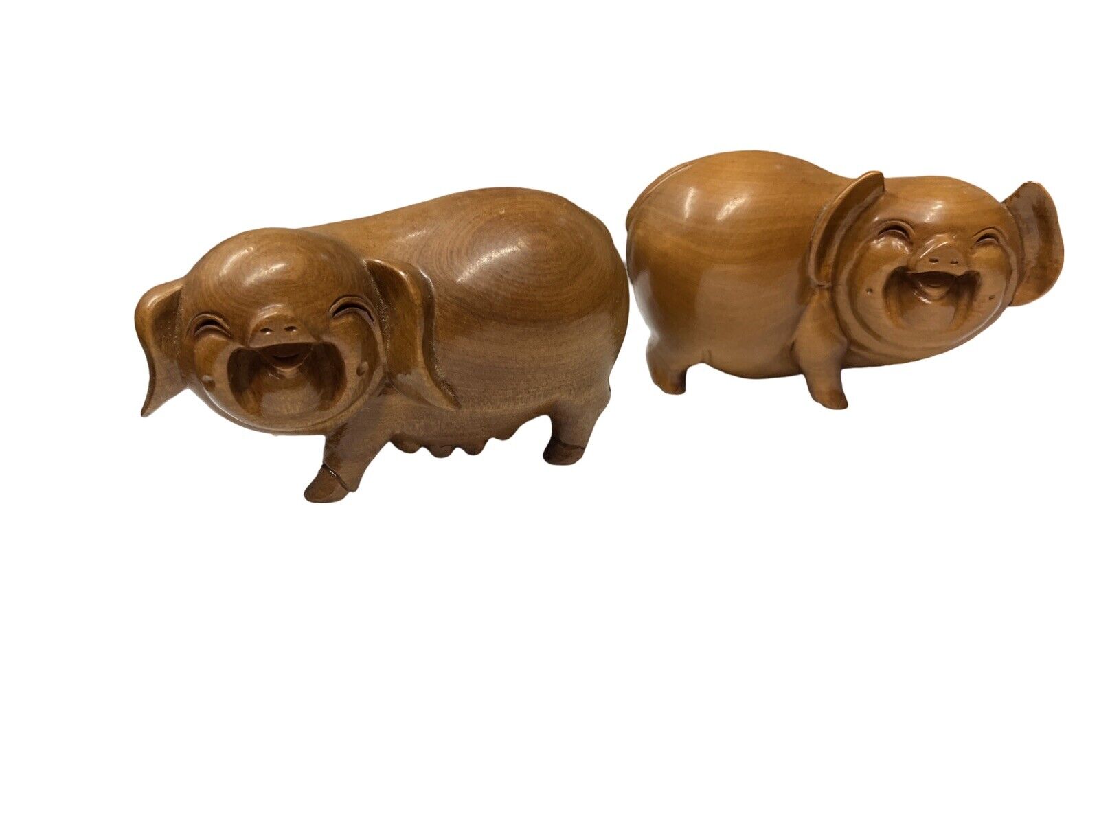 Vintage Chinese Hand Carved Wood Happy Pigs Figurines Set Male Female Good Luck