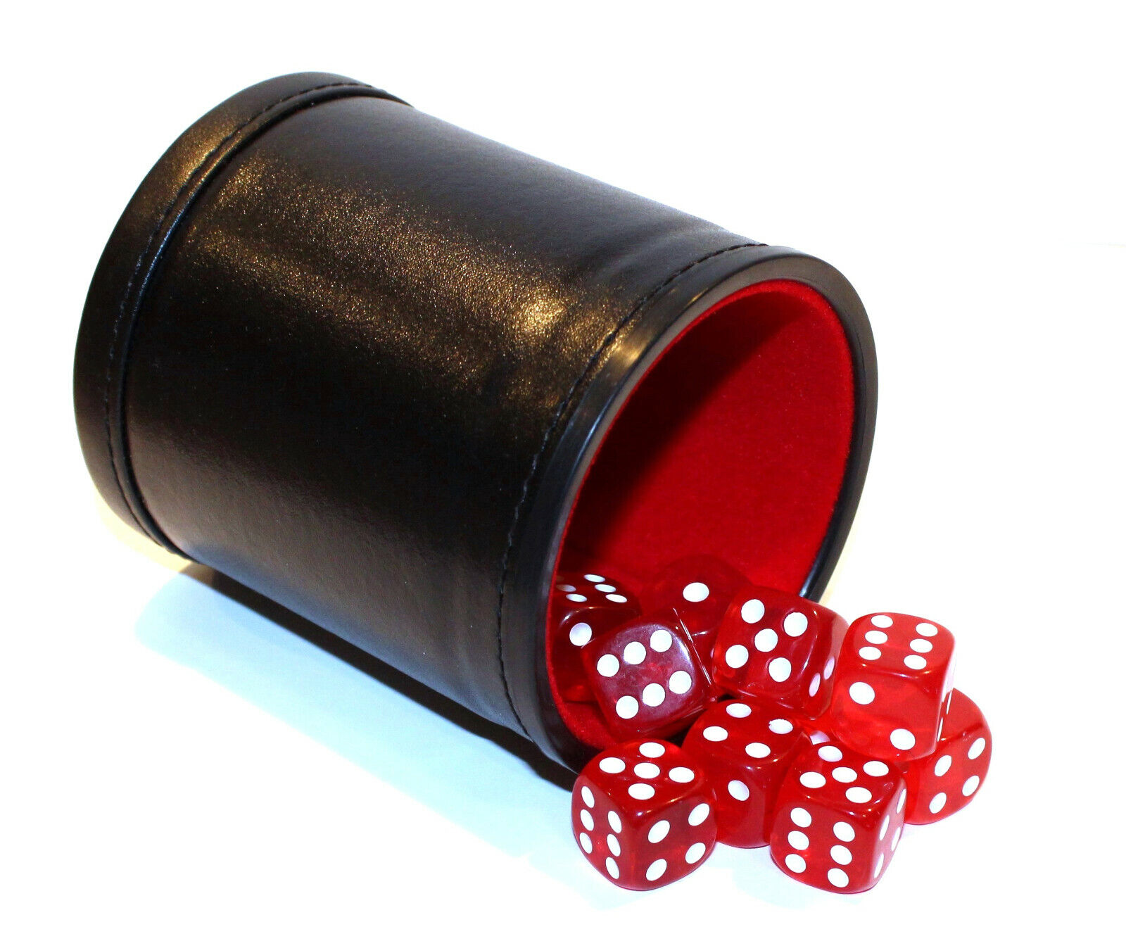 Bicast Leather Dice Cup Felt Lining & 12 Rounded Corner Game Dice - Red