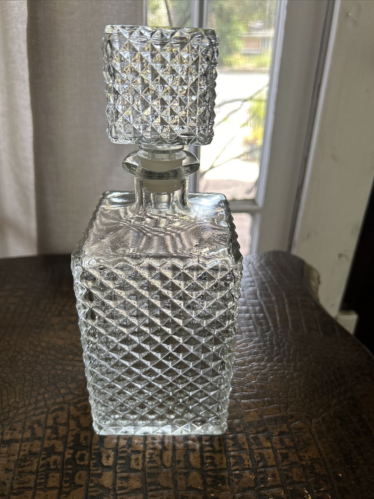 Vintage Rectangular Diamond Cut Glass Liquor Decanter with Stopper