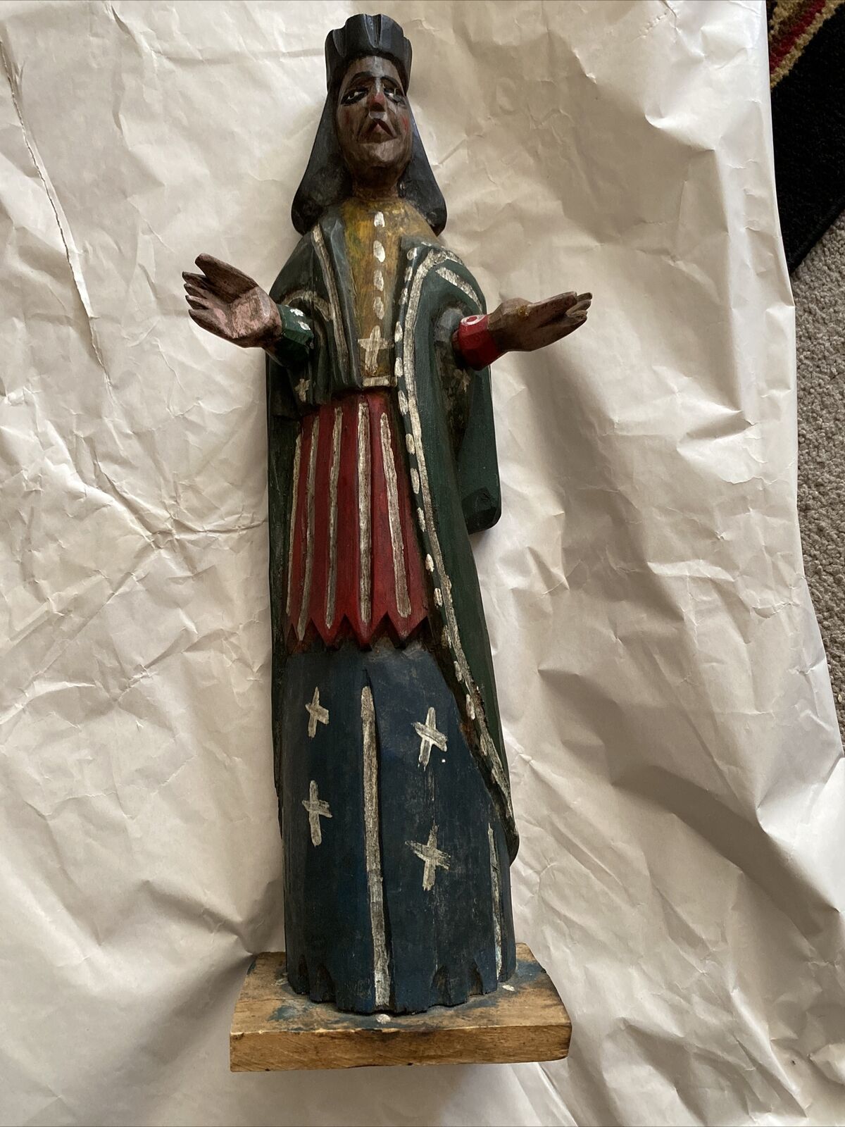 Hand Carved Wood, Religious Figure antique 15” Great Shape
