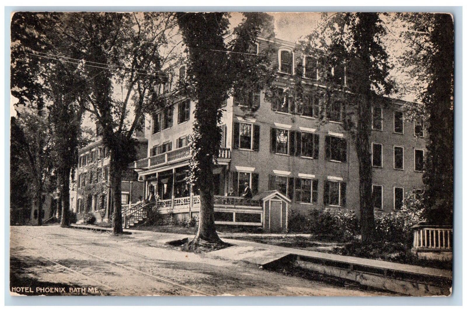 1911 Hotel Phoenix & Restaurant Building Dirt Road Bath Maine Antique Postcard