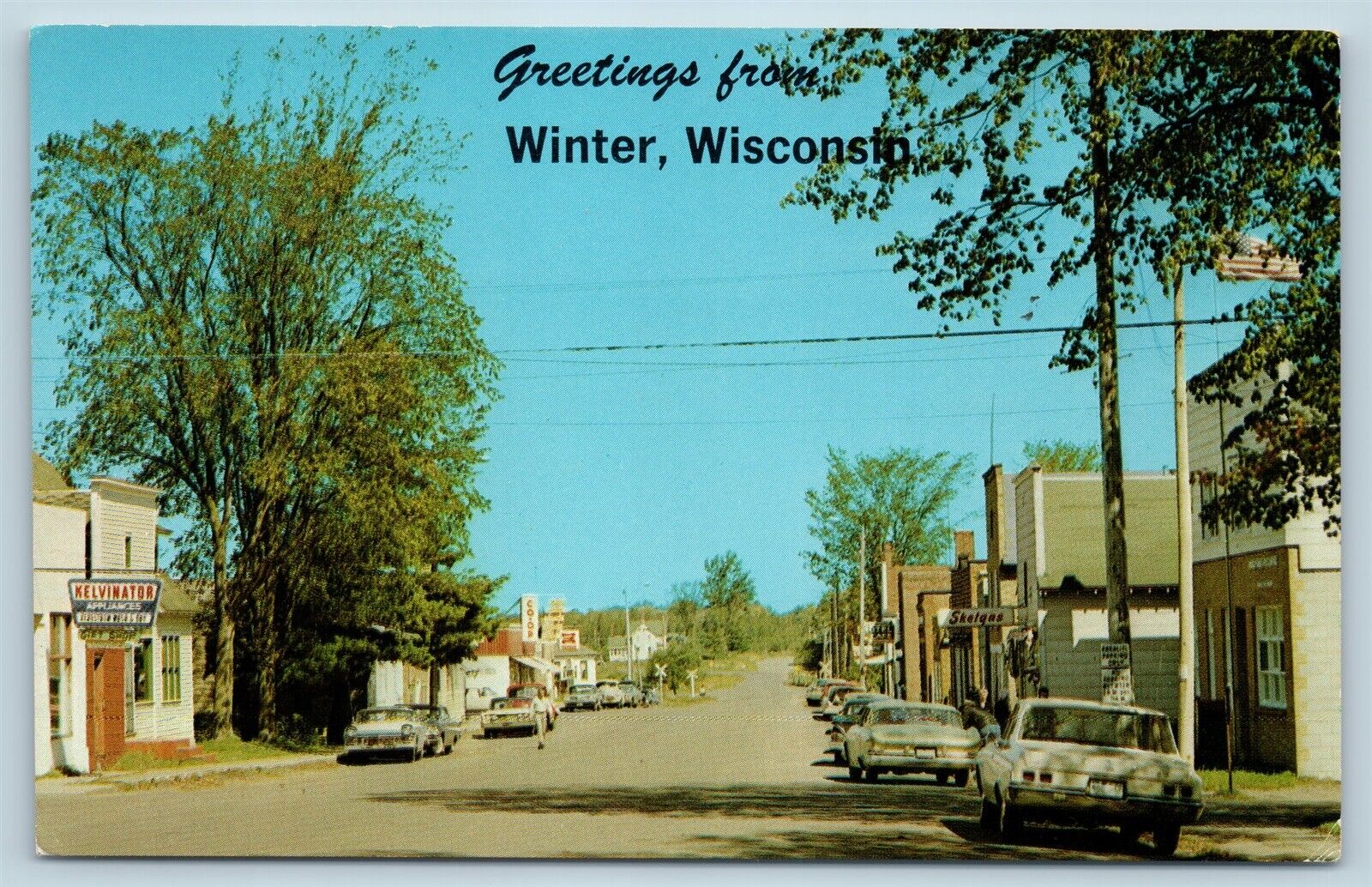 Postcard WI Winter Sawyer County c1960s Main Street View Old Cars D3