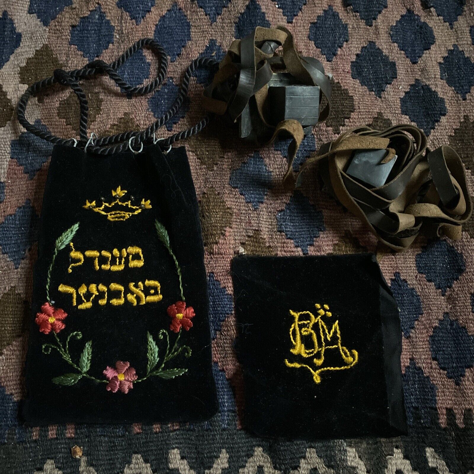 Leather TEFILLIN Set Velvet Bag & Case Jewish Torah Morning Prayers Antique