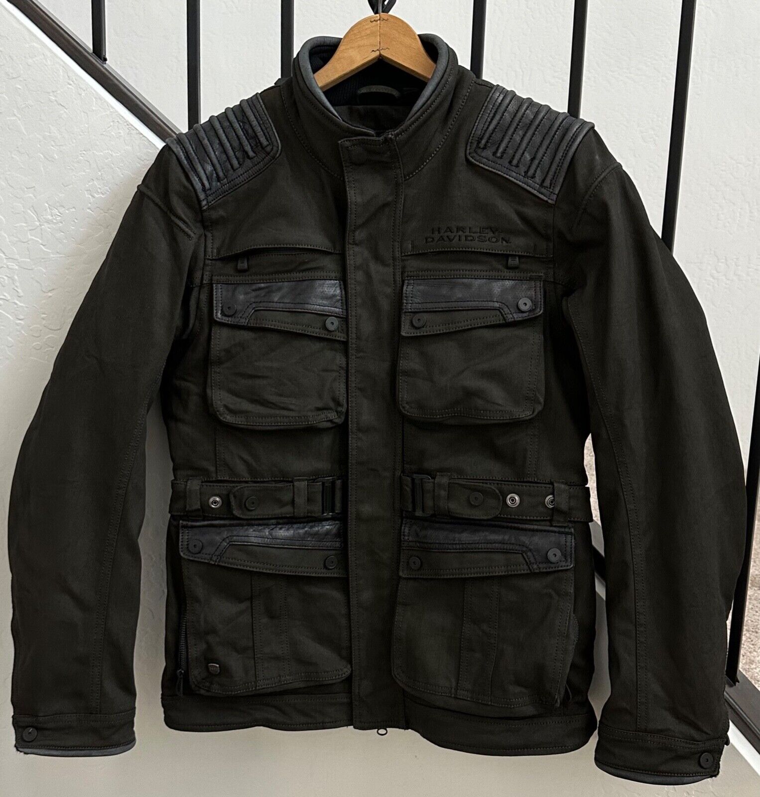 Harley Davidson Jacket Olive Green W Leather Trim Size M Medium Removable Liner