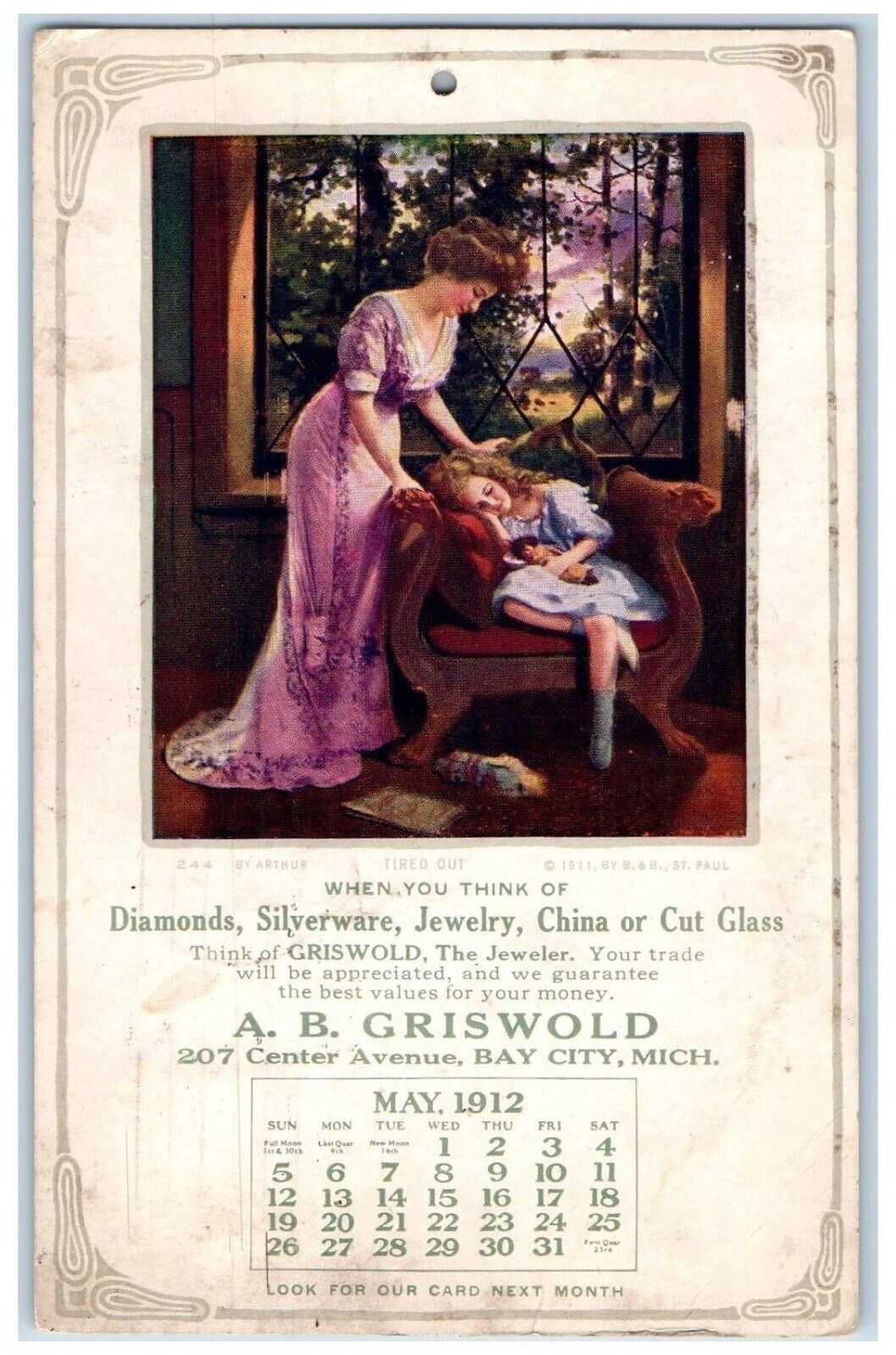 1912 New Year Mother And Daughter Jeweler Griswold Calendar Bay City MI Postcard