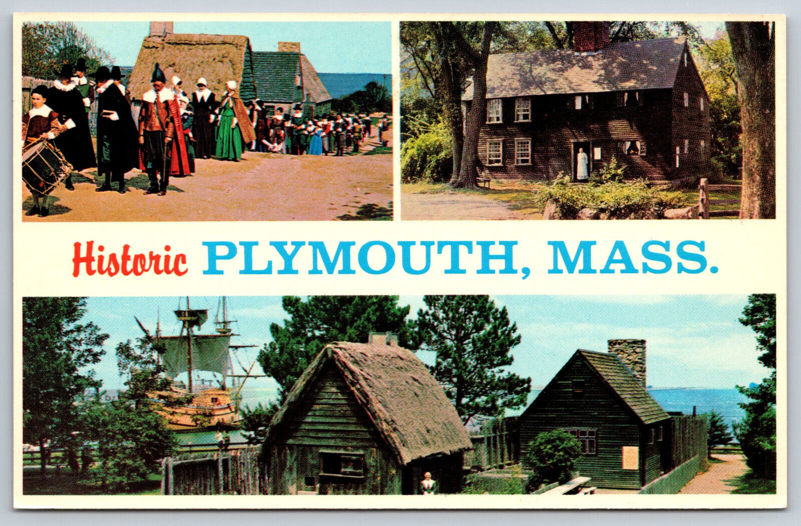 Postcard Historic Plymouth, MA Multiview Pilgrims Mayflower B20