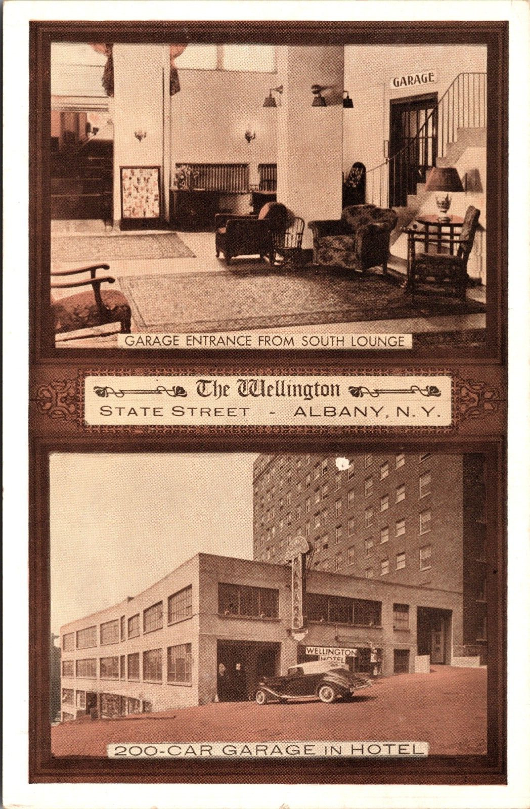 Vintage The Wellington Hotel Lobby Lounge Garage Albany NY New York Postcard