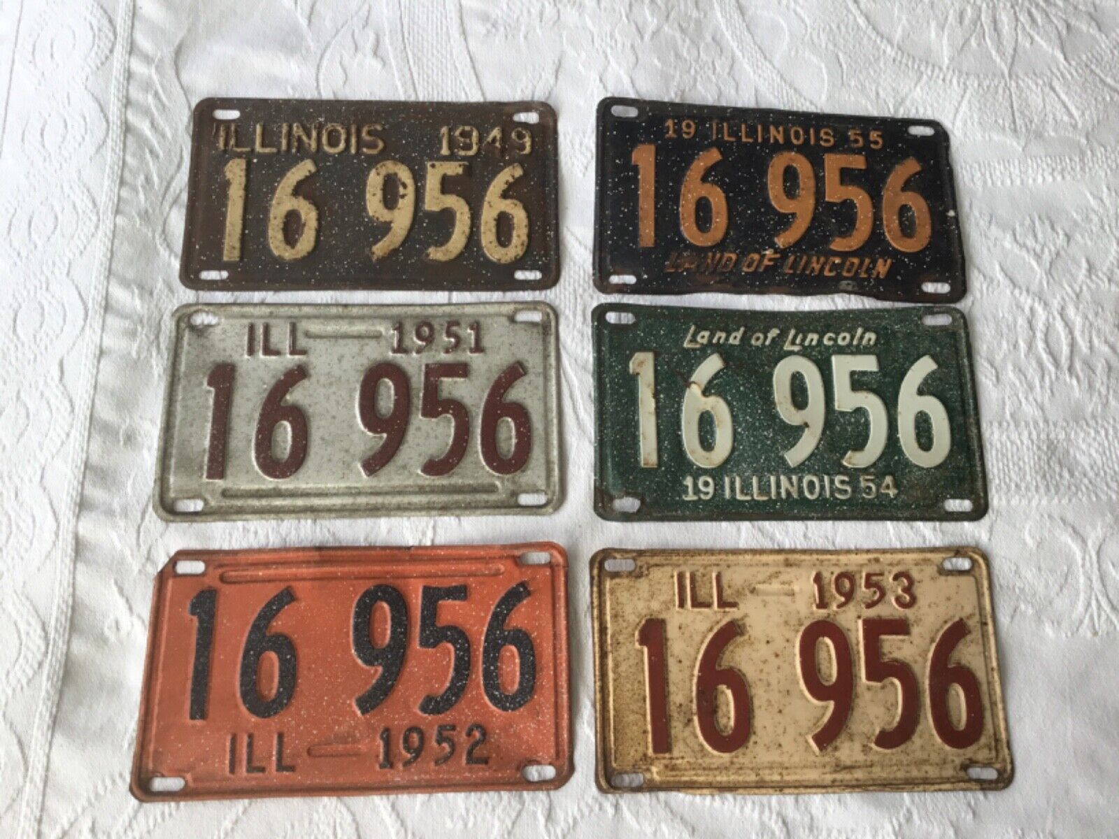 Vintage Illinois License Plates Same Number “16 956” 1949, 1951-1955 Six Total