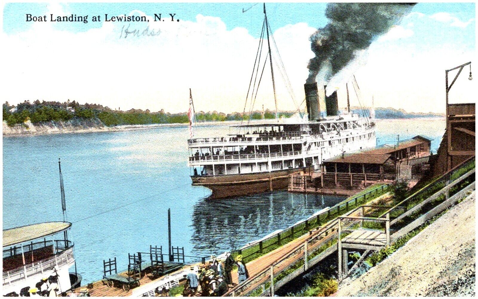 Postcard Steamer Docking at Lewiston, New York, People Boarding