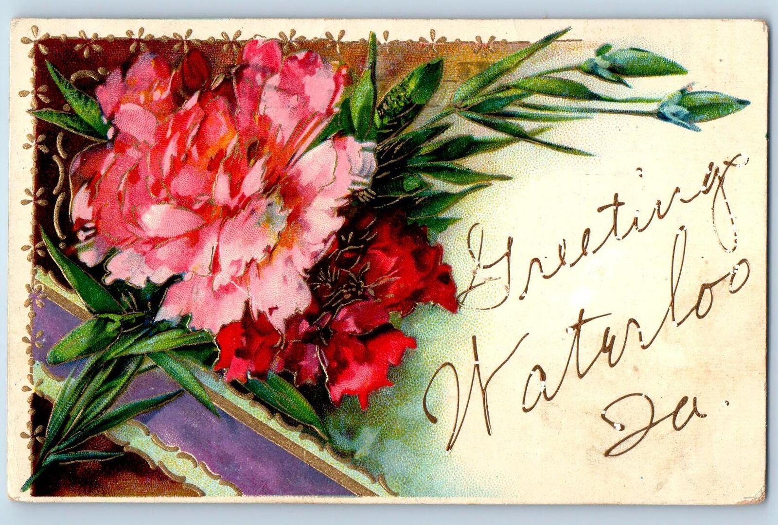 Waterloo Iowa IA Postcard Greetings Embossed Flowers And Leaves 1909 Antique