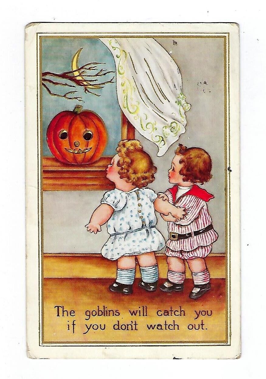 1915 Halloween Postcard 2 Young Girls Looking at Pumpkin & Moon