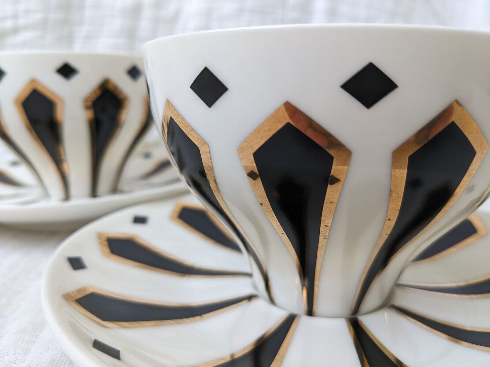 Set Of 2 Meritage Black And White Teacups And Saucer With Gold Trim Art Deco